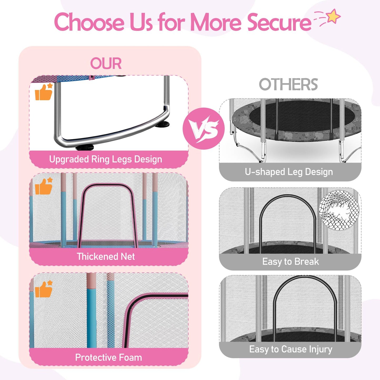 55" Kids Trampoline with Safety Net – 440lbs Capacity, Upgraded Rust-Proof Ring Legs, Adjustable Gymnastics Bar & Toys – Indoor Outdoor Toddler Trampoline for Boys & Girls Ages 1-8 (Pink)