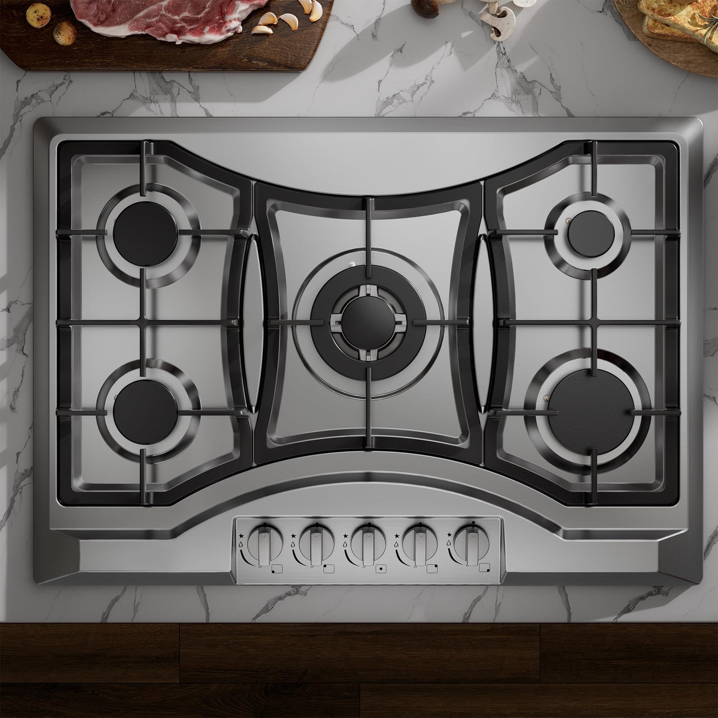 30 inch Drop-in Gas Cooktop with 5 Sealed Burners, Stainless Steel Stovetop, Dishwasher Safe Cast Iron Grates, NG/LPG Convertible, 38K BTU
