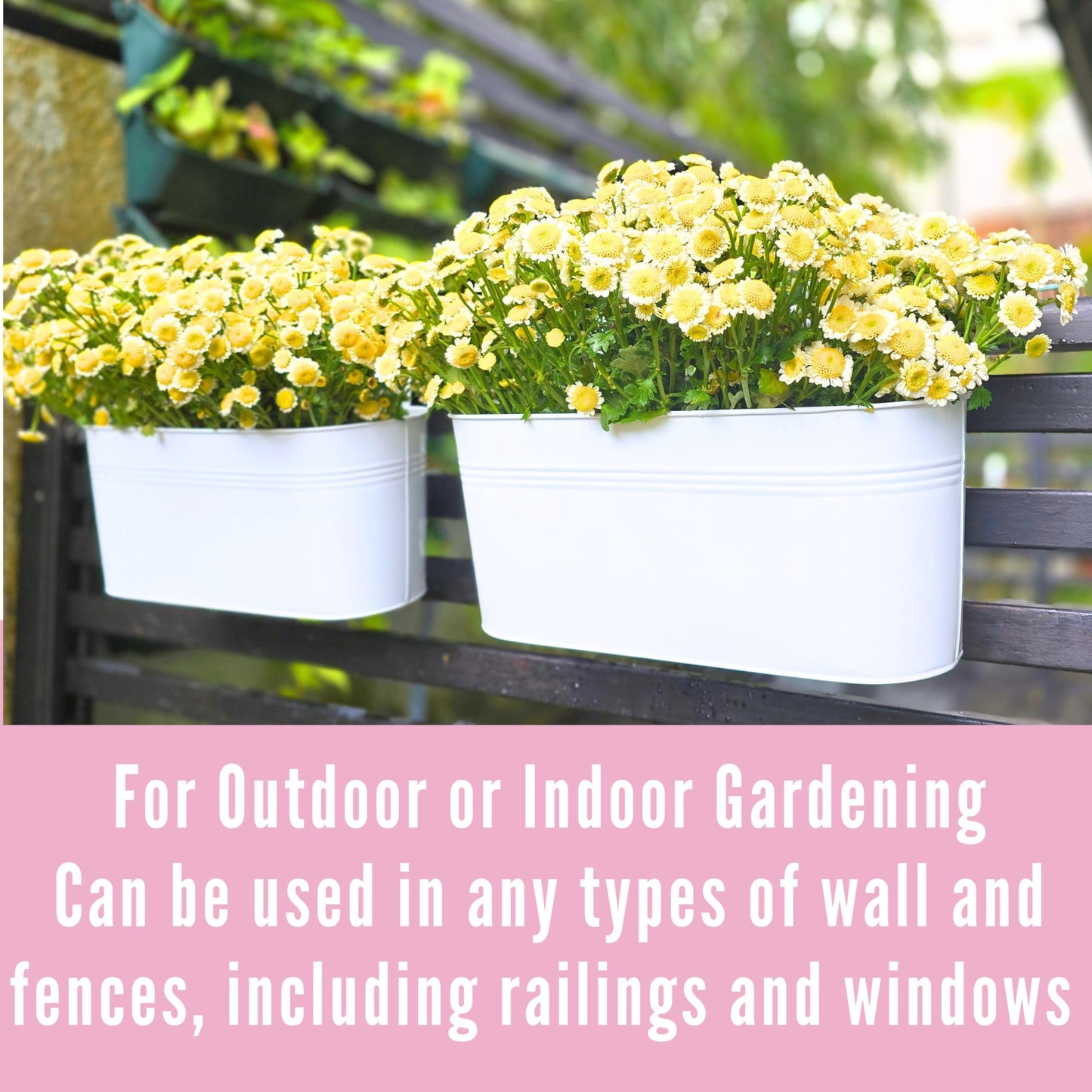 LaLaGreen Outdoor Plants Rail Planter (15 Inch, 6 Pack) White Metal Iron Hanging Flower Pot Deck Railing Fence Bucket Modern Boho Style Wall Mount Window Box Plant Holder Hooks Porch Herb Garden Decor