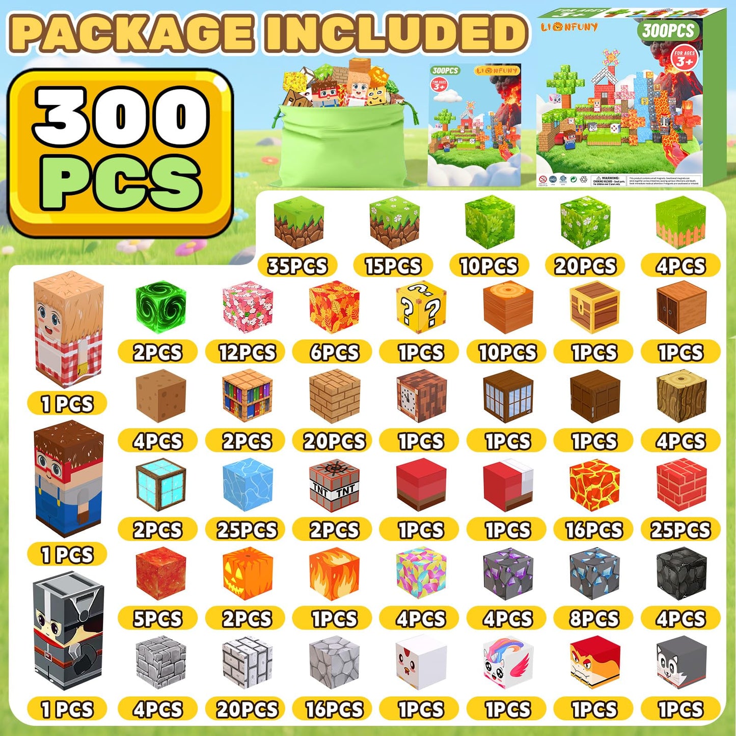 LionFuny Magnetic Blocks, 300Pcs Magnetic Building Blocks Sets, STEM Montessori Stacking Sensory Education Magnet Toys for Kids Toddlers Boys Girls Ages 3 4 5 6 7 8-12 Birthday Gifts, 1" Large Size