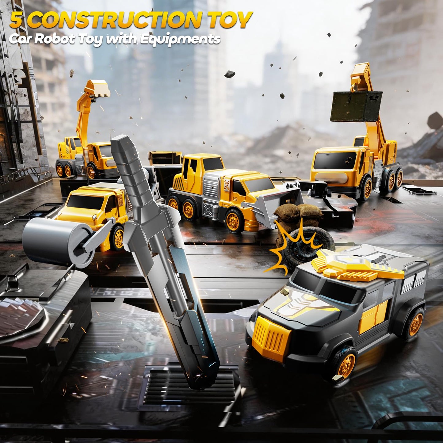 JUKUDAHU 5-in-1 Robot Toys Cars for Kids 3-5, Magnetism Transforming Robots, Detachable Construction DIY Assembling Vehicle Sets, Educational Toys for Boys Girls 3 4 5 6 7 8, Birthday Gifts(Yellow)