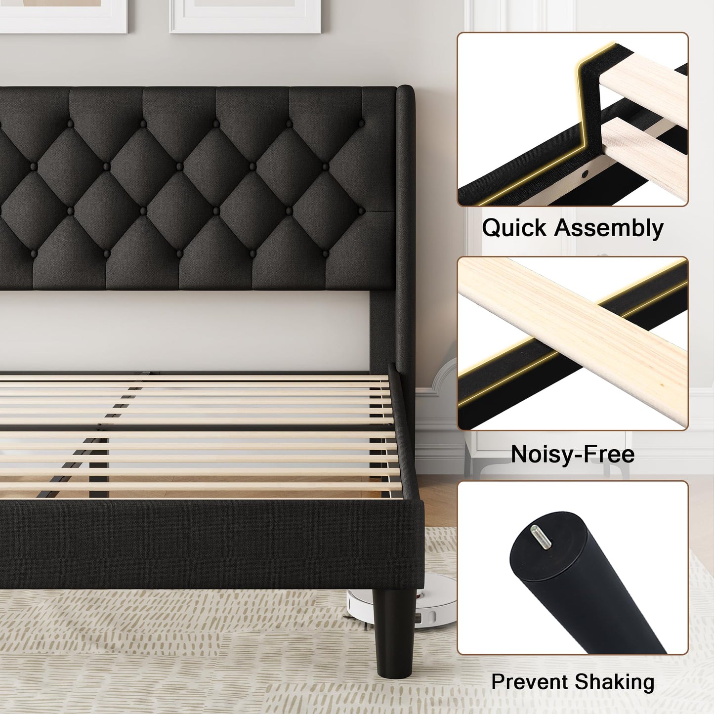 Einhomn Black Queen Size Platform Bed Frame with Fabric Upholstered Wingback Headboard, 12" Under Bed Space, Wooden & Metal Slats Support, No Box Spring Needed