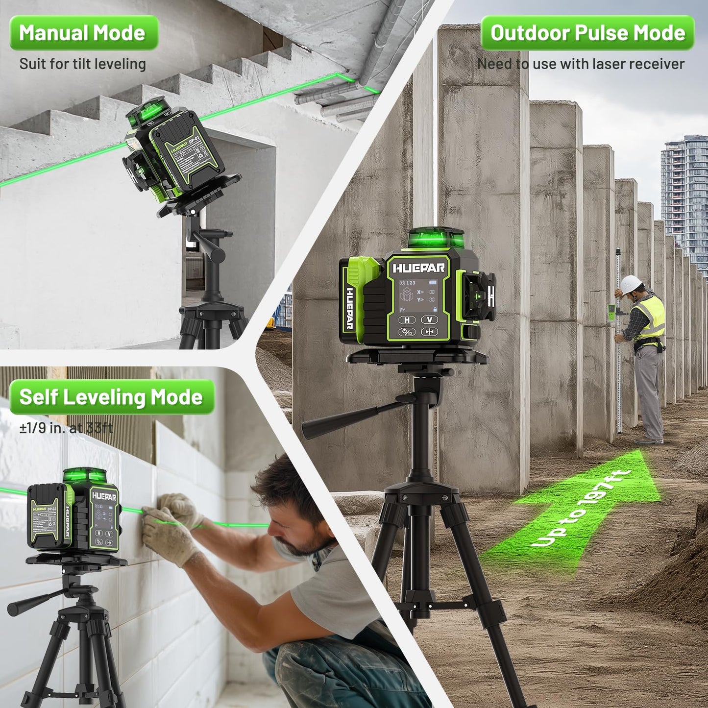Huepar W03CG Bluetooth Laser Level 3x360 Self Leveling, 3D 12 Lines with Electric Rotating Base＆Large LCD Screen, 3 Planes Green Lazer Leveler Tool for Construction, Ceiling,Tiling, Framing, etc.
