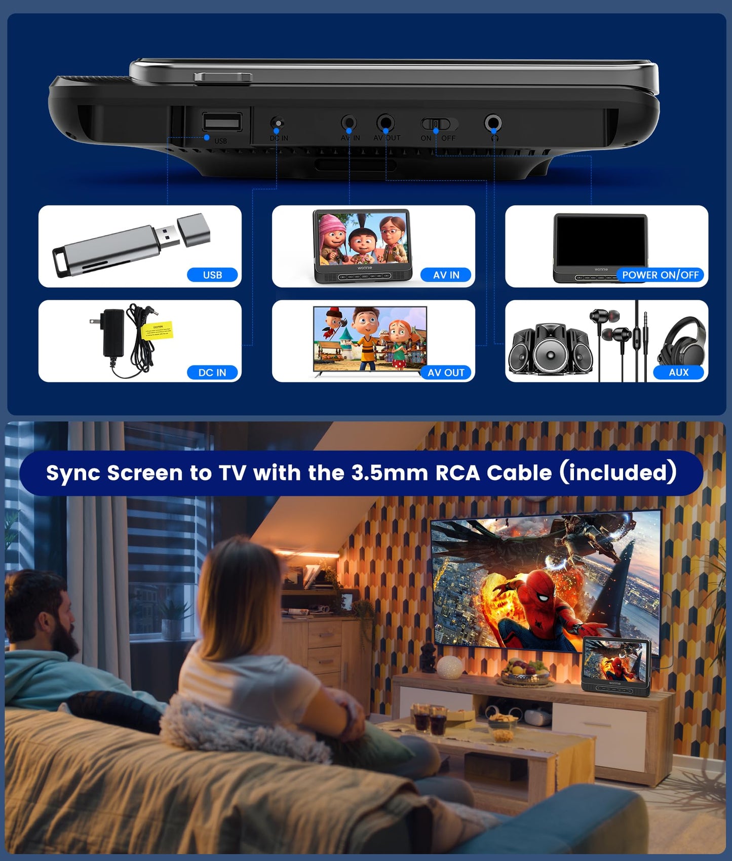 WONNIE 12" Dual Car DVD Players Portable DVD Players for Car Headrest Play a Same or Two Different Movies with 5-Hour Rechargeable Battery, Mounting Brackets, All Region, Support USB/Sync TV