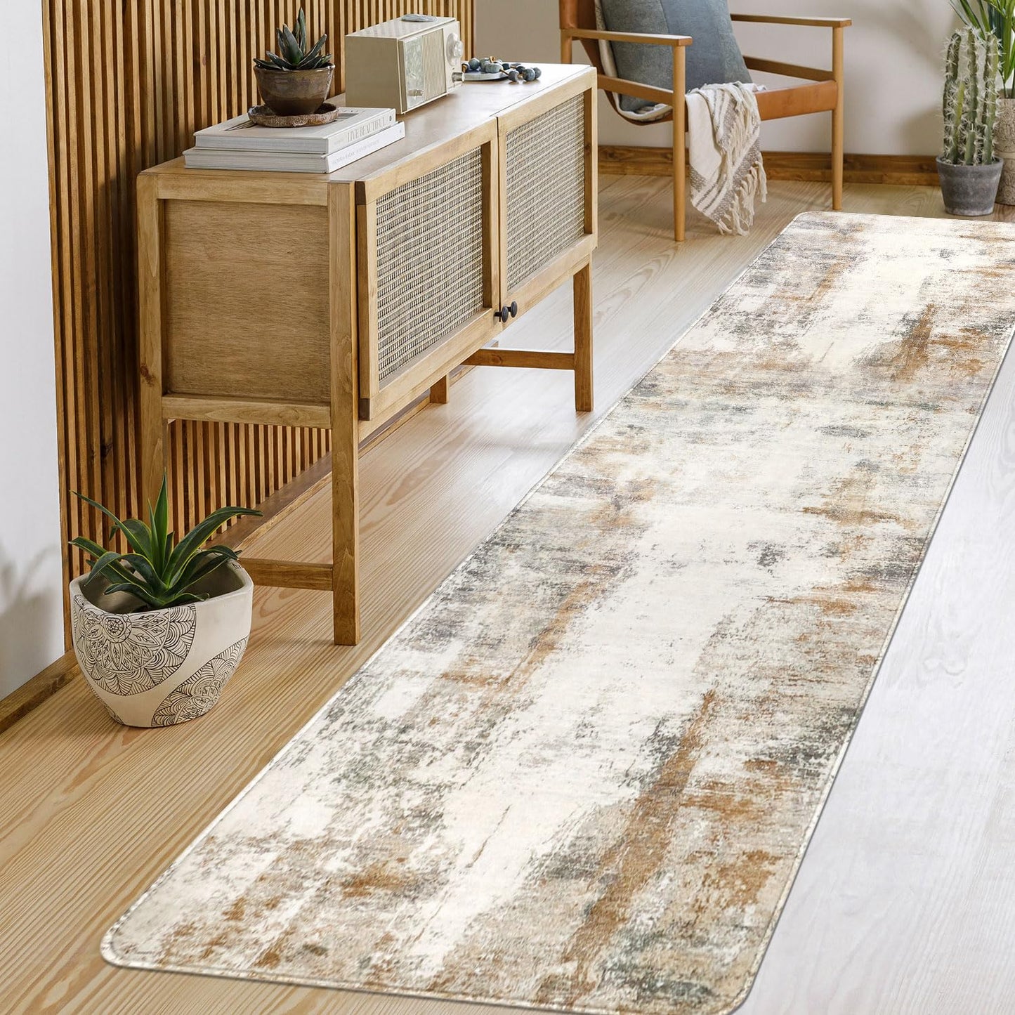 famibay Runners for Hallways Non Slip, Modern Abstract Washable Runner Rug, Soft Hallway Rug Pet Friendly Faux Wool Low Pile Carpet Floor Runner for Kitchen Bathroom Bedroom(Beige/Camel)