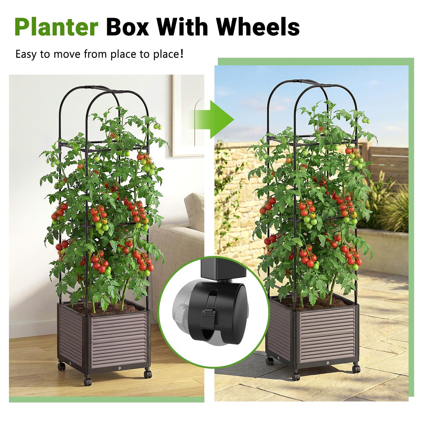 DoCred 60" H Raised Garden Bed Planter Box with Wheels, 3 Pack Tomato Cage Planter Raised Garden Bed with Trellis for Climbing Vegetables Plants Tomato Cage, Indoor Outdoor Use