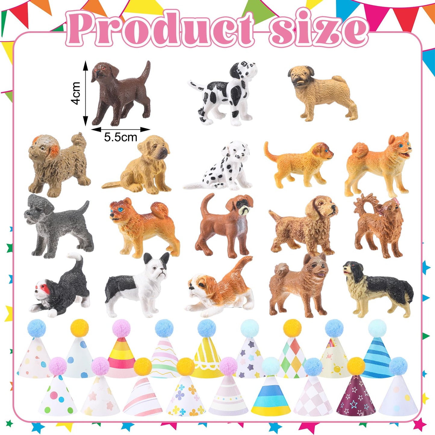 Simgoing 36 Pcs Mini Dog Birthday Party Decorations Mini Birthday Hat with Pom Poms Puppy Figure Model Cake Toppers with Hat for Dog Lovers Animals Themed Party