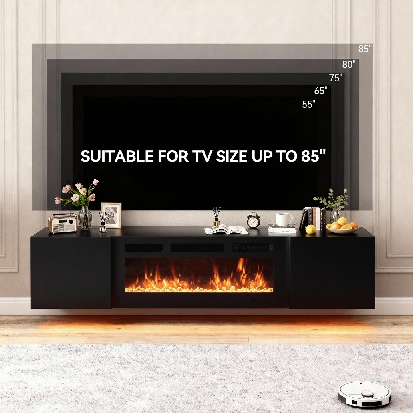 MXV 80'' Floating TV Stand with 40" Electric Fireplace, Modern Media Entertainment Center, TV Console Cabinet Wall Mounted with Adjustable 12-Color LED Lights, for Living Room, Black + Black