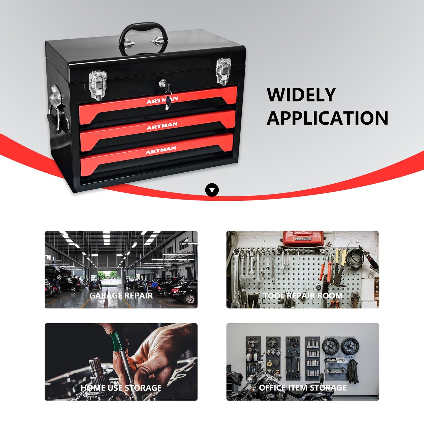 Mechanics Tool Box Organizer, Portable Tool Chest with 3 Drawers, Lockable Tool Storage Cabinet with Metal Latch Closure for Home, Garage, Warehouse, Repair Shop