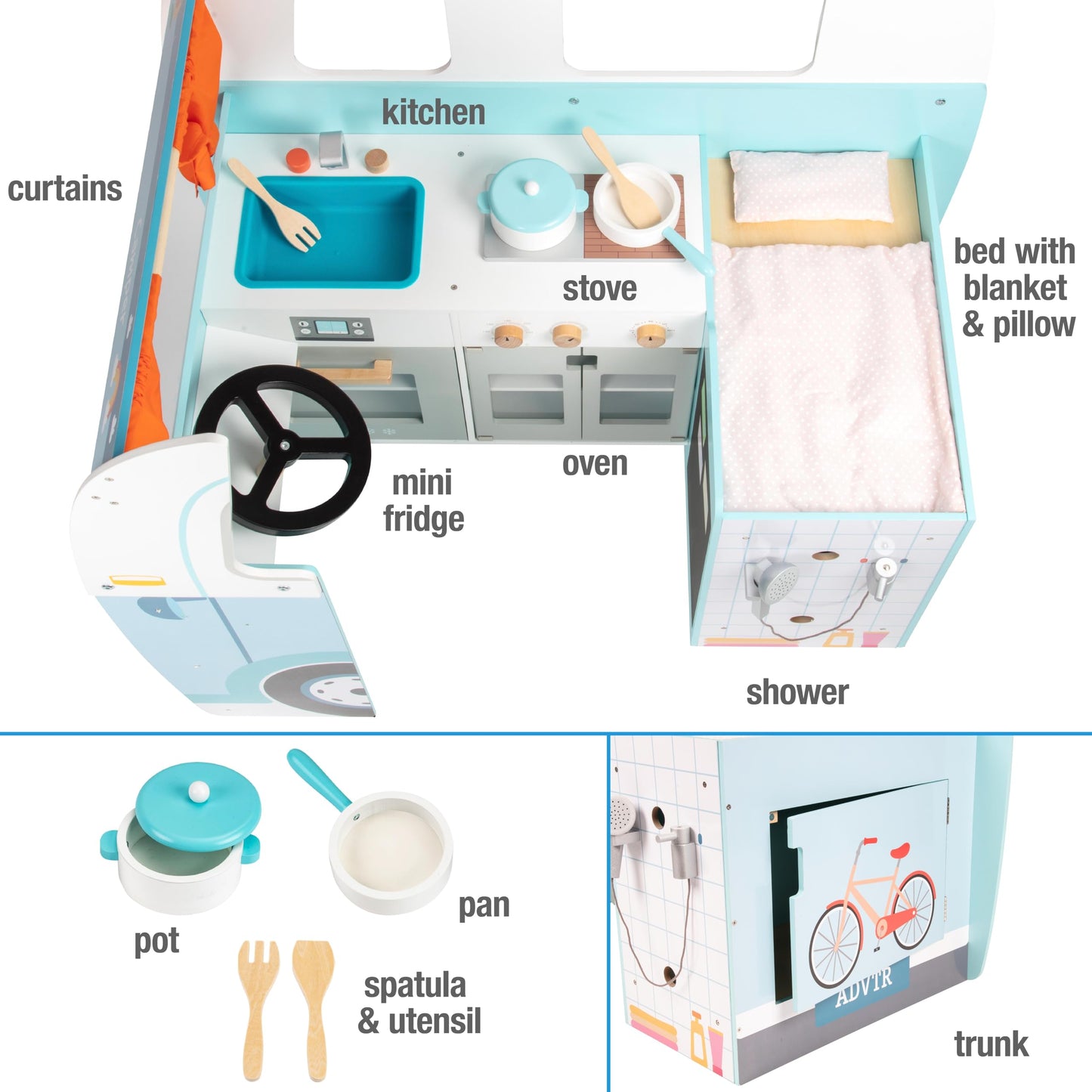 Wooden Play Camper Van Toy Playset w Steering Wheel, Kitchen, Stove, Oven, Bed, Pillow, Pretend Shower, Curtains, Personalization Stickers- Indoor Retro Car Camping, Travel RV Adventure- Ages 3+ Gift