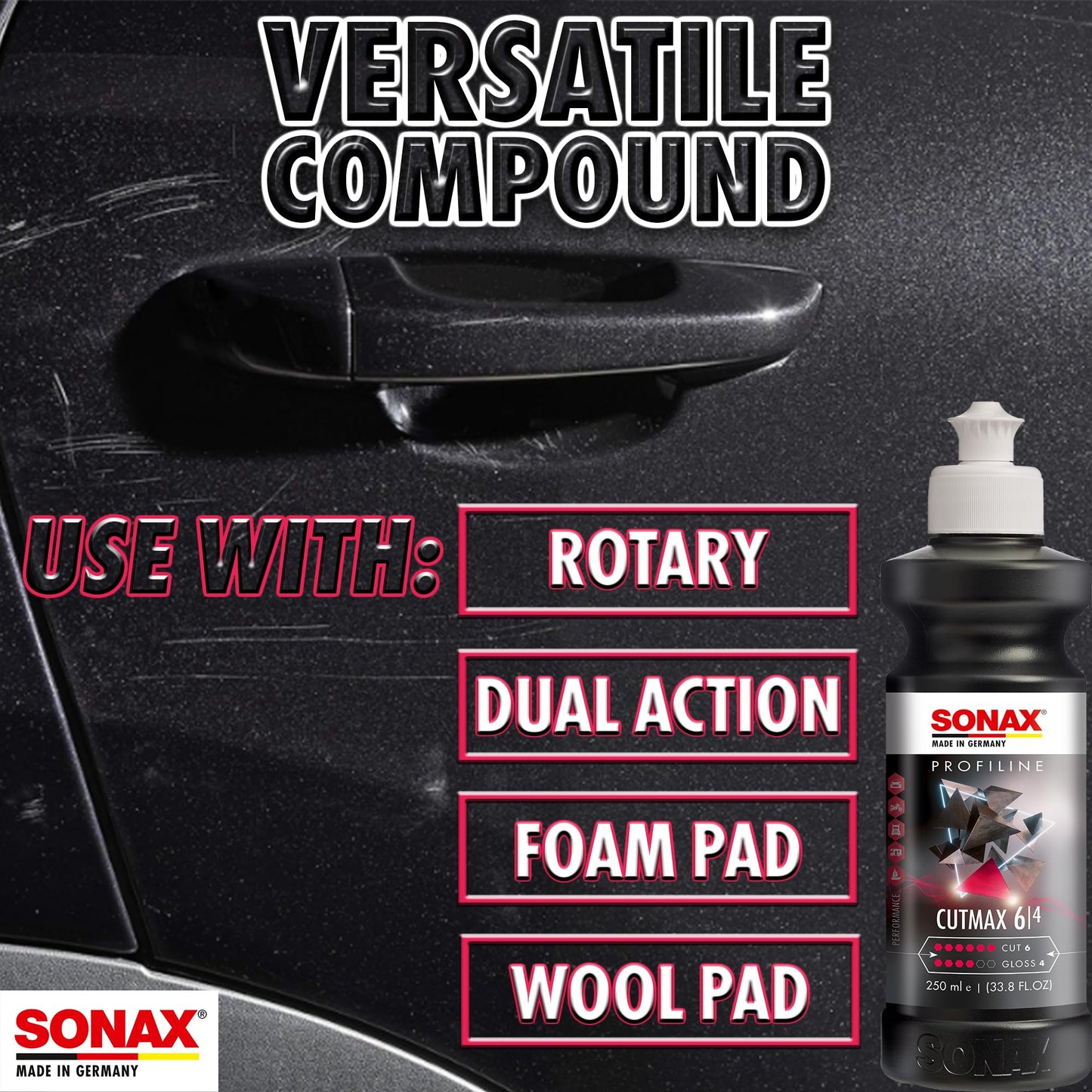 SONAX CutMax Cutting Compound | High-Abrasive Paint Correction Polish for P1500 Grit Sanding Marks | Silicone-Free, Dust-Free, and Odorless | Long Buffing Cycle for Severe Weathered Paint | 24650 | 5L