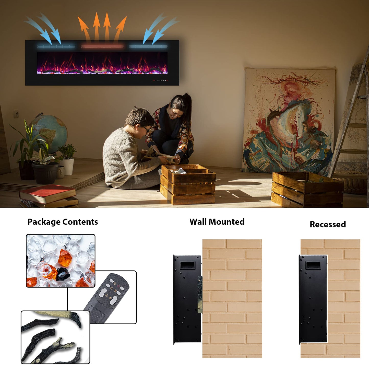 Oxhark Flame 72inch Electric Fireplace in Wall Recessed and Wall Mounted Fireplace Electric, 13 Flame Colors, Realistic Logs & Crystals Fuel Bed, Adjustable Temperature and Timer, 750W/1500W, Black