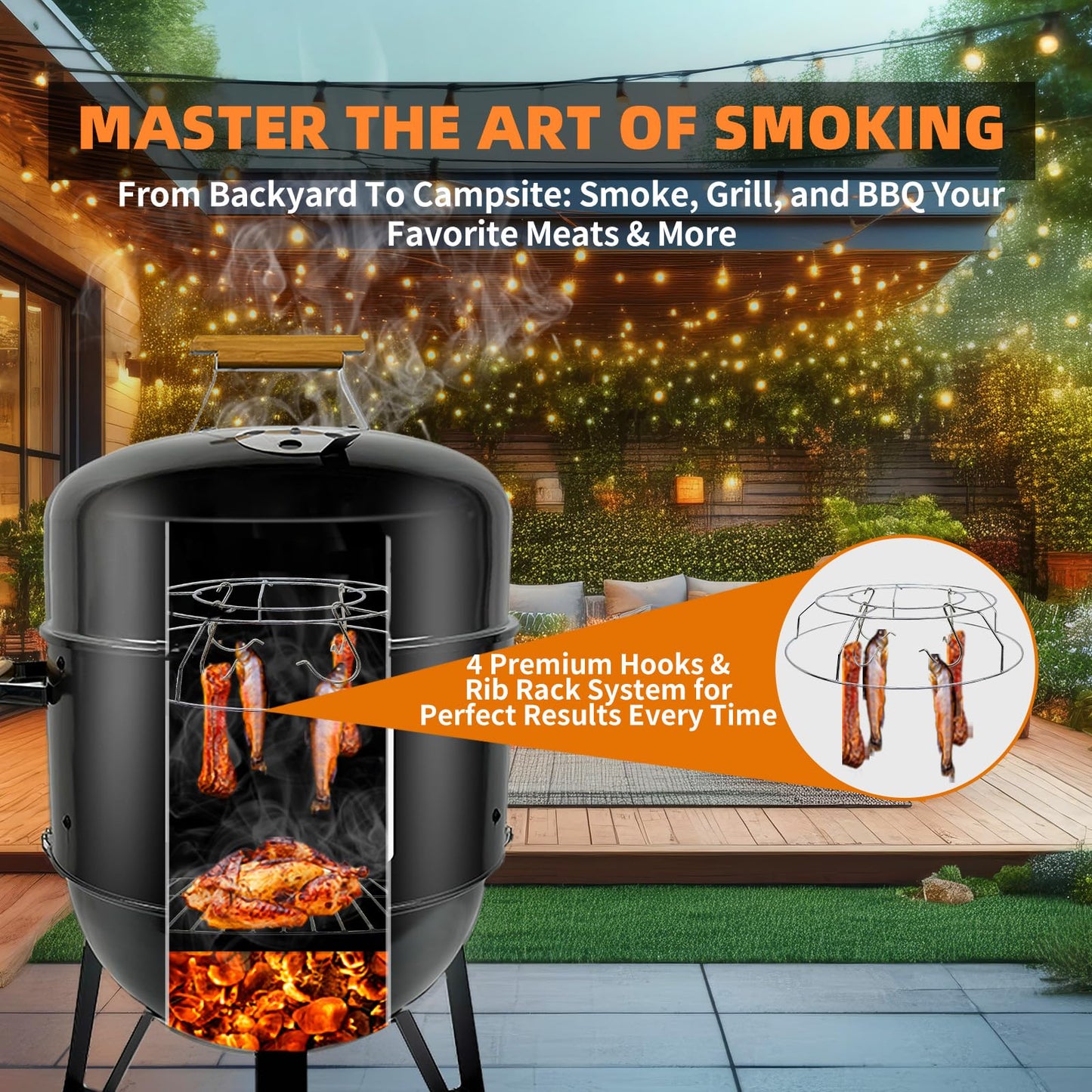 Realcook BBQ Charcoal Smoker Grill: Heavy Duty 17 Inch Vertical Meat Smokers - Porcelain-Enameled Charcoal Grill Smoker Combo for Outdoor Cooking Backyard Picnic Party Grilling