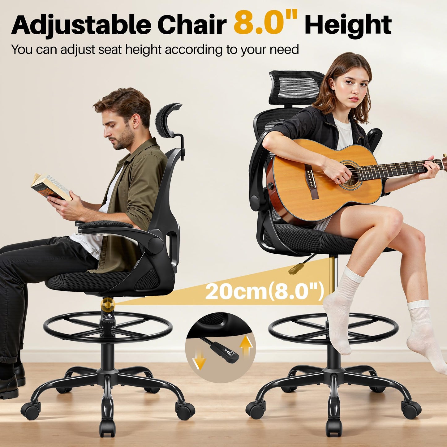 FINATI Drafting Chair, Tall Office Chair for Standing Desk, Ergonomic High Back with Headrest, Lumbar Support, Foot Ring and Flip-up Armrests, Black