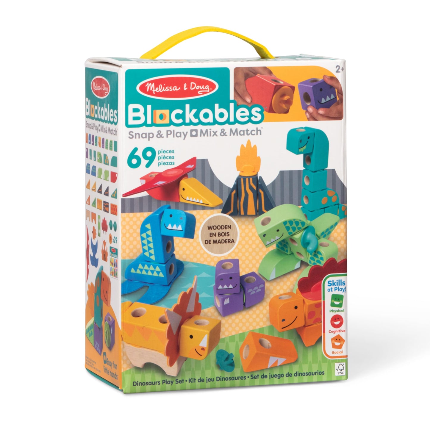 Melissa & Doug Blockables™ Dinosaur Snap and Play, Mix and Match Connectable Wooden Building Blocks Play Set Toy for Preschool Boys and Girls (69 Pcs) - FSC Certified
