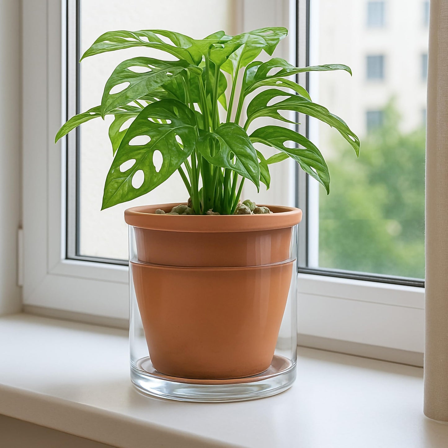 D'vine Dev 6 Inch Design Self Watering Pot for Indoor Plants, Terracotta Planter with Cylinder Glass Cup, Set of 2, 37-Y-B-1