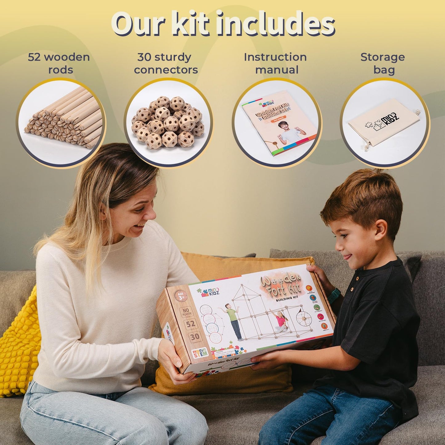 MIND KIDZ Wooden Fort Building Kit for Kids - STEM Montessori construction toy - 52 rods & 30 spheres, Eco-friendly play set for boys & girls