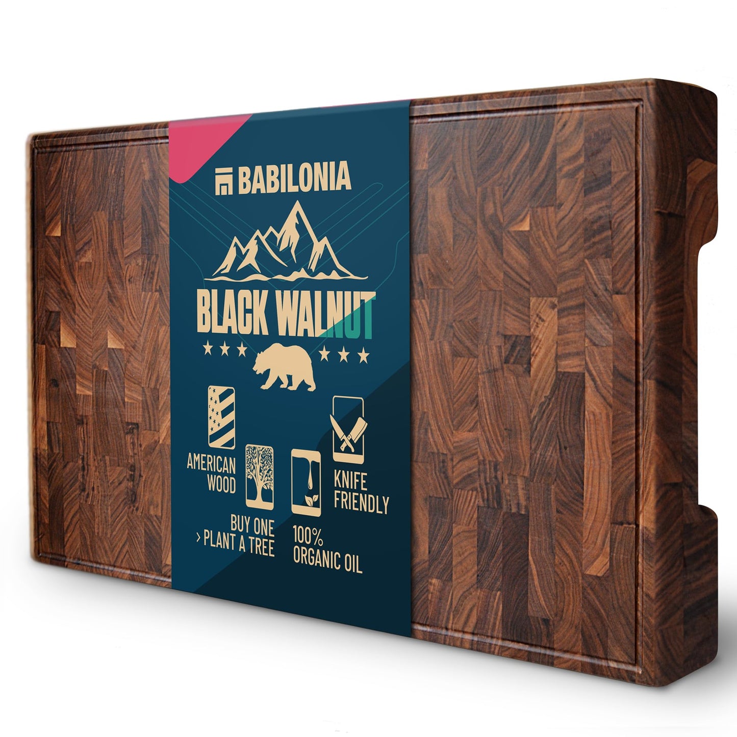 Extra Large Black Walnut End Grain Cutting Board 24 x 15 x 1.7 Inch, Butcher Block with Juice Groove & Handles, Reversible Charcuterie & Chopping Board, Non Toxic Wooden Board with Oil & Plate