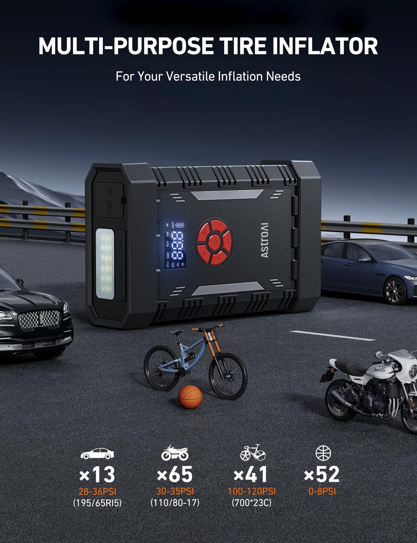 AstroAl A30 Jump Starter with Air Compressor, 4000A &150PSI Portable Car Battery Jump Starter (10.0 Gas/8.0LDiesel) with Tire Inflator, 12V Battery Charger, 18W Quick Charge, Jumper Cables, Lights