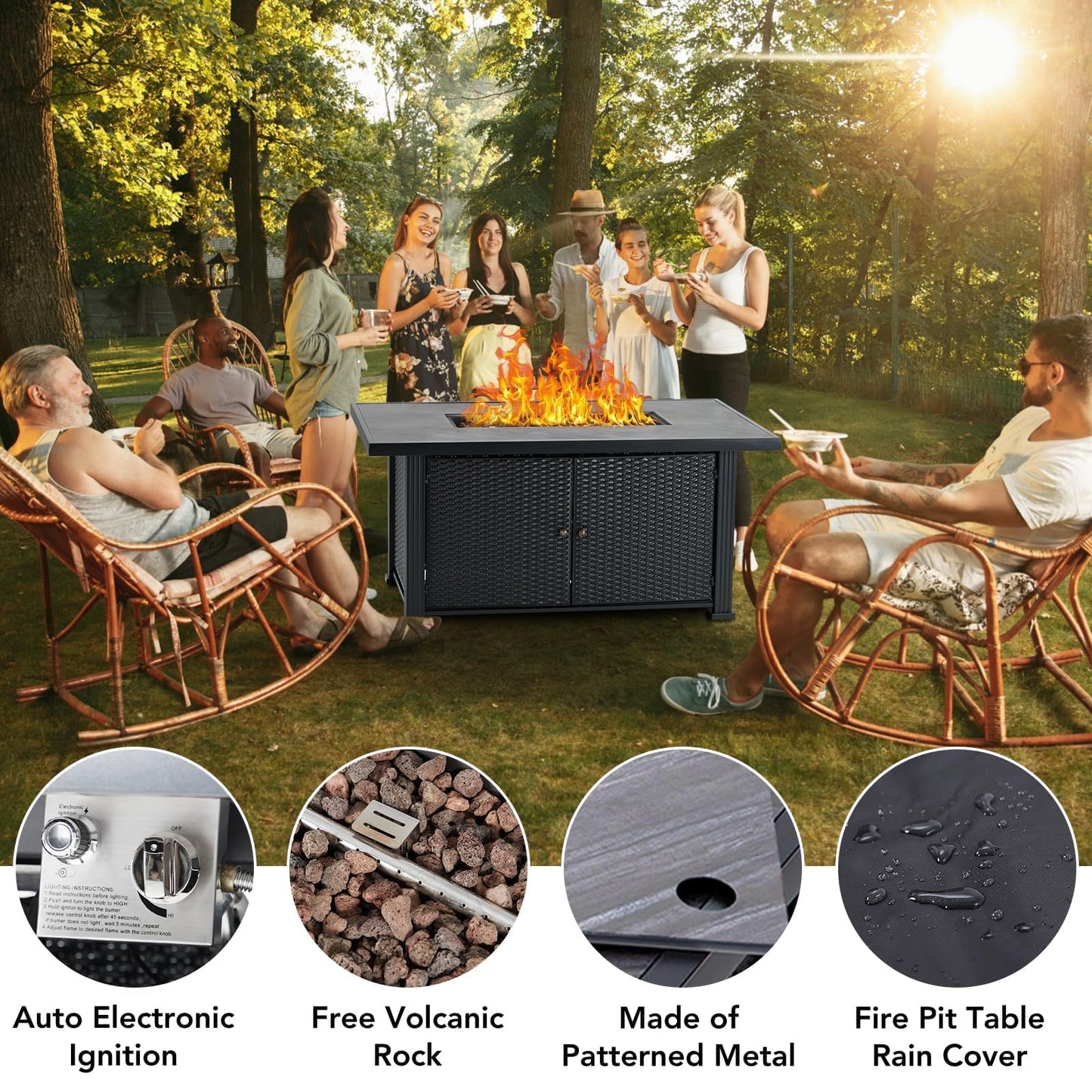 52" Propane Fire Pit Table, 50000BTU Rectangle Fire Table with Cover & Rain Cover, Sturdy Steel and Iron Fence Surface, CSA Safety Certified, Companion for Your Garden (Enlarged Version)