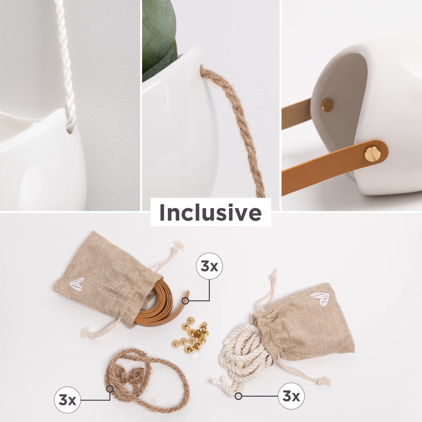 Kazai. Wall Planters -Ellie- | Hanging Ceramic Plant Pots 3 Pieces | Wall Decoration for Indoors, Balcony and Garden | White (Glossy)