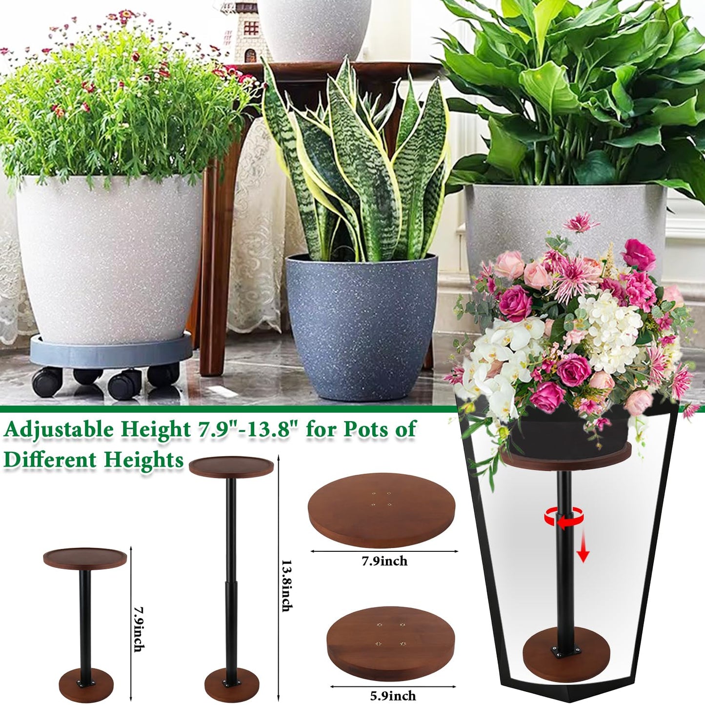 LUTTY 2Set Wooden Adjustable Plant Risers for Inside Pot,7.9-13.8 inches Tall Tapered Plant Riser Fill Bottom of Tall Flower Pots and Large Plants Containers, Rise Filler Riser of Flower Pots