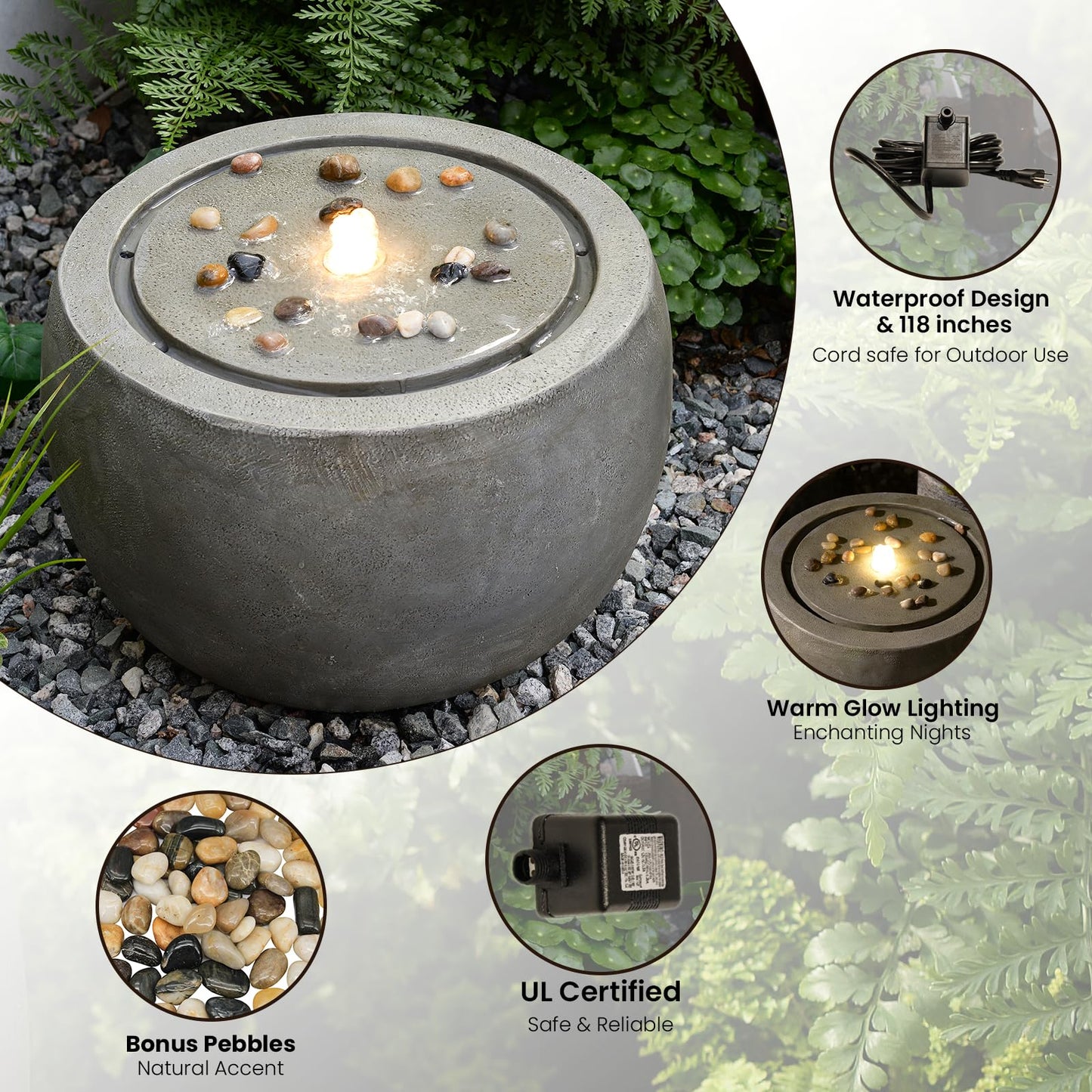 Tankana Garden Water Fountain Outdoor Bubbler Water Feature Indoor with Lights & Pump and Pebbles Waterfall Fountains Concrete Effect for Patio Deck Yard Home Decor Gray, 18 "L x 18" W x 11.5" H