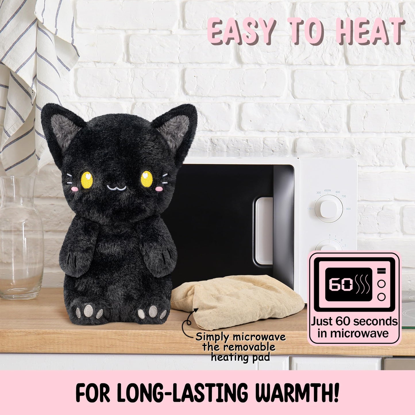 Black Cat Microwavable 1.5 lbs Unscented Heating Pad for Women and Kids- Cute Soft Cozy Pillow Plush Heatable Warm Stuffed Animals - Kawaii Hot and Cold Plushie - Black Cat Gifts for Girls and Women