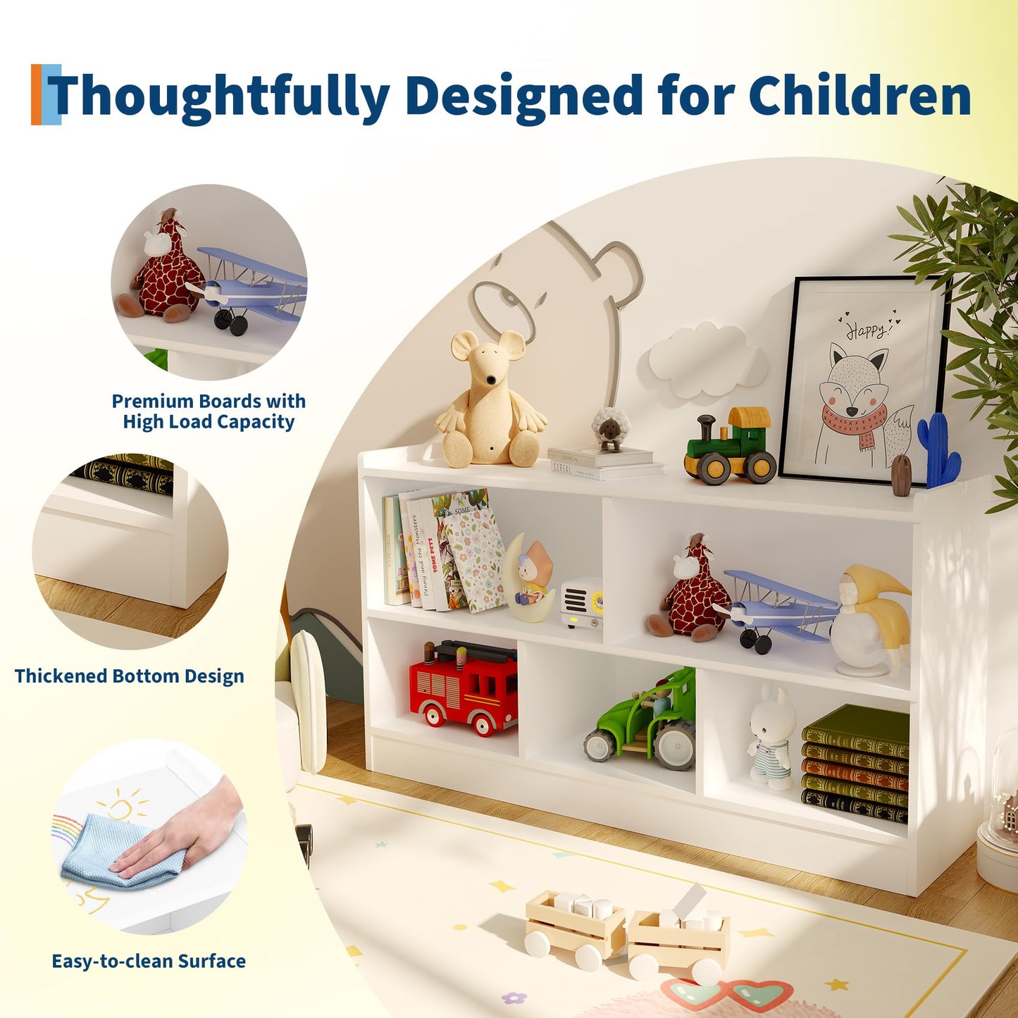 GarveeLife Wooden Bookshelf, 5-Section 2-Tier Toy Storage Organizer, Open Shelving Kids Book Shelf for Playroom Nursery Classroom Kindergarten