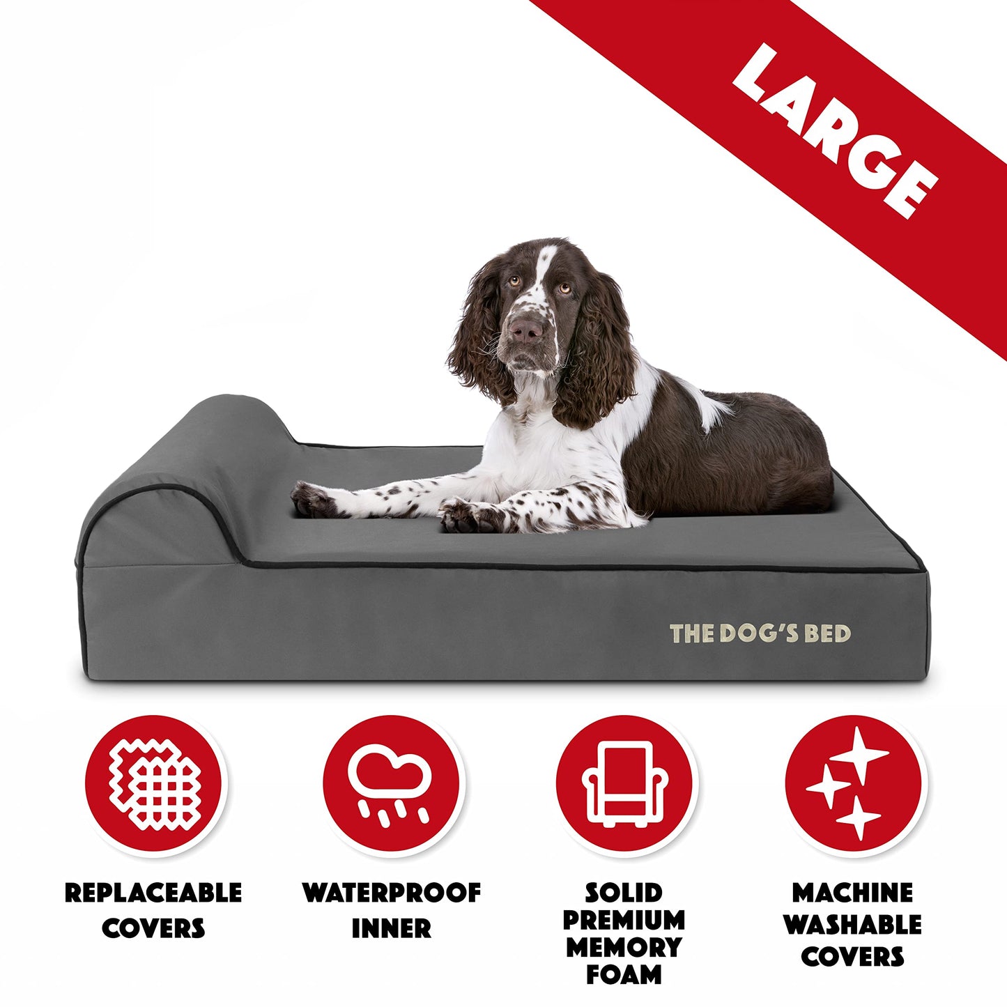 The Dog’s Bed Orthopedic Memory Foam Dog Bed with Headrest, Oxford Fabric, Grey with Black Trim, Large, 6-Inch