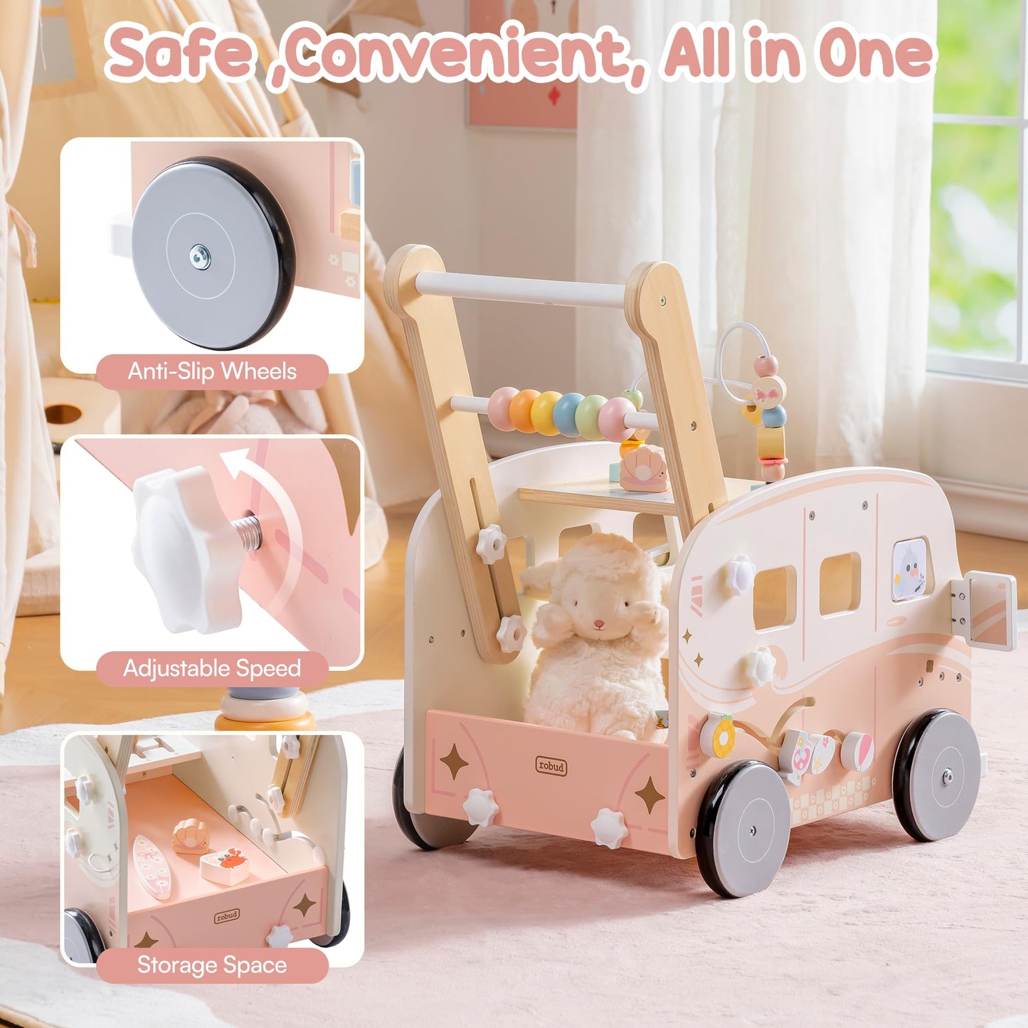 ROBUD Wooden Baby Walker, Height & Speed Adjustable Baby Push Walker with Anti-Slip Wheels, Developmental Activity Center with Ocean Vacation Theme, Wooden Walkers for Babies Learing to Walk，Pink
