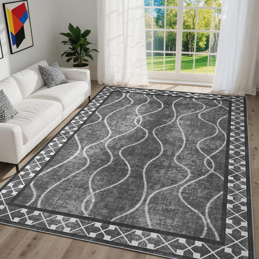 DweIke 4x6 Area Rugs for Living Room, Machine Washable Bordered Rug for Bedroom, Luxury Rubber Backing (Non-Slip) Low Pile Throw Carpet for Dining Room Kitchen Home Decor, Black Grey