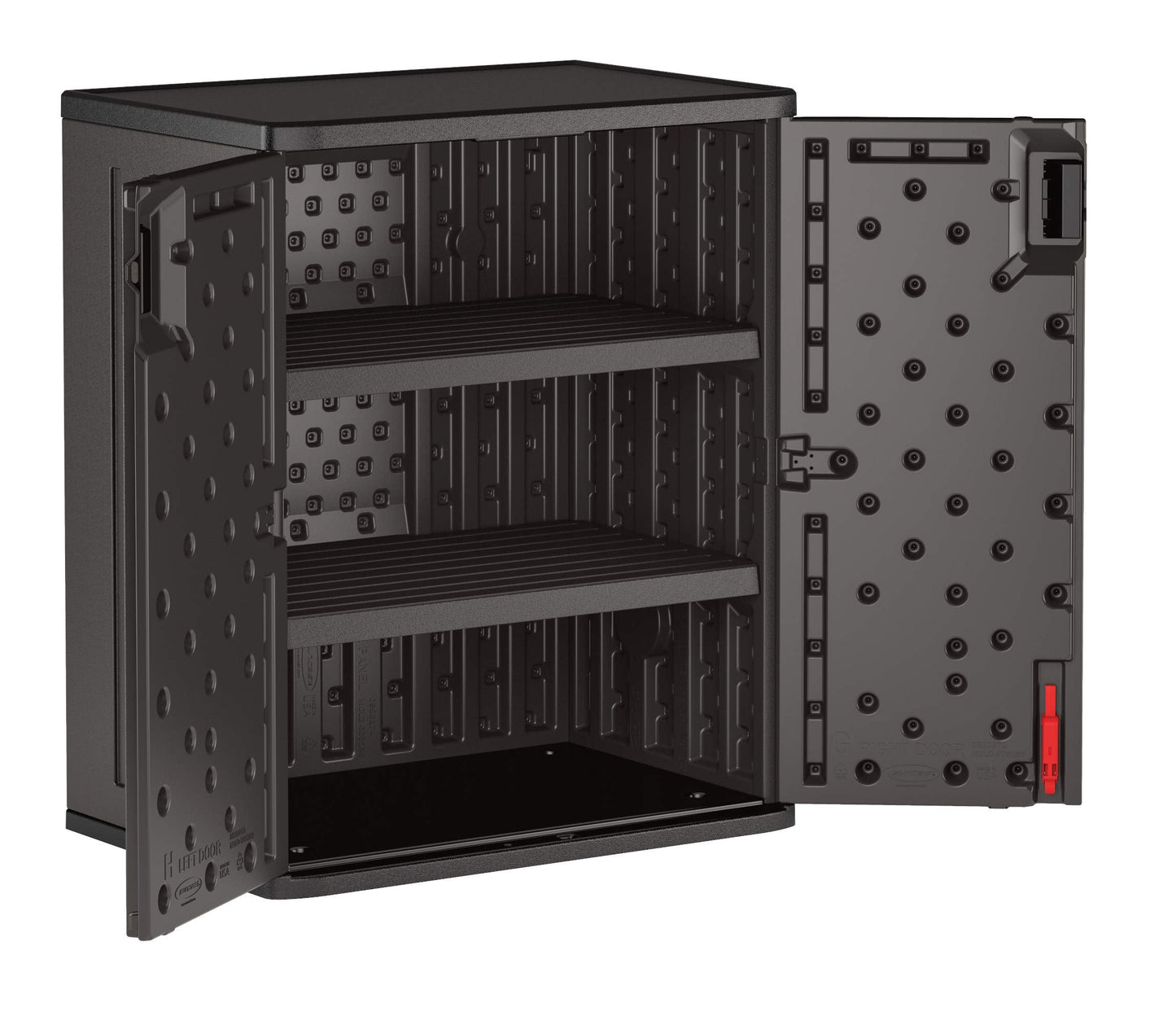 Suncast Heavy-Duty Resin Outdoor Storage Cabinet, 30" W x 20.25" D x 36" H Dark Grey Base Garage Storage Cabinet with Lockable Doors and Metal Reinforced Shelves, Made in The USA