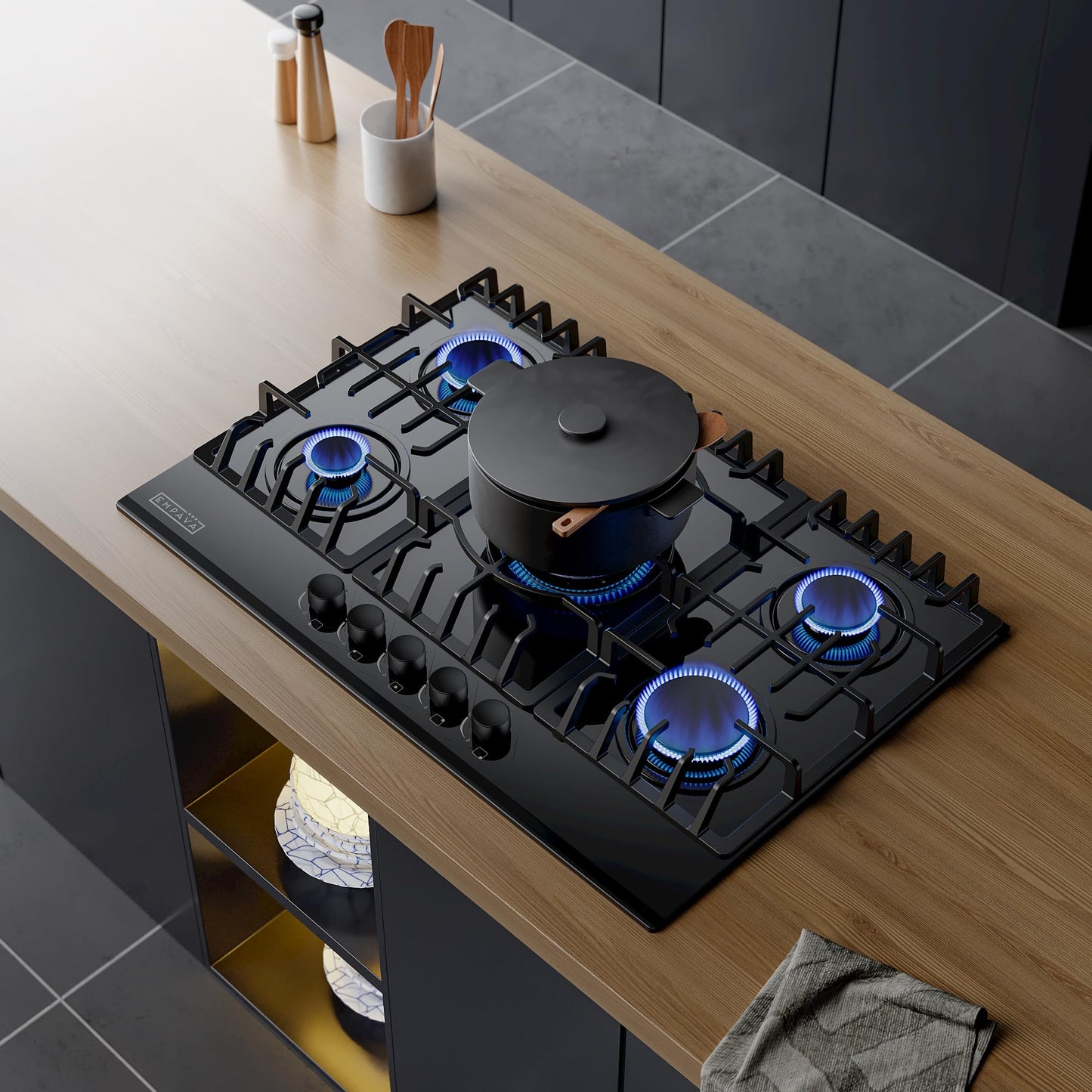 Empava 30" Gas Stove Cooktop LPG/NG Convertible with 5 Italy SABAF Burners Tempered Glass in Black, 30 Inch
