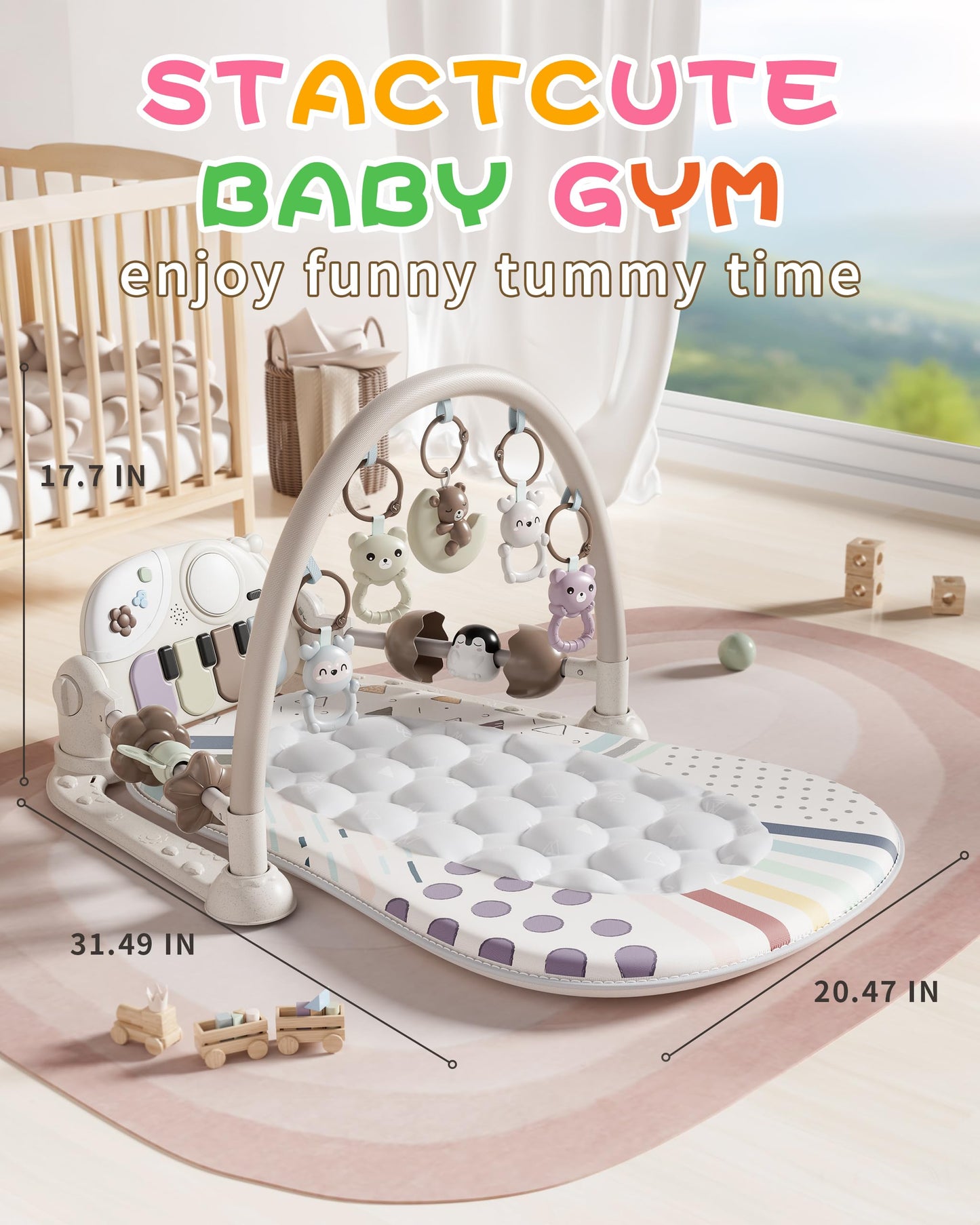 Stactcute Baby Play Mat Baby Toys,Baby Gym Tummy Time Play Piano Activity Mat with 5 Infant Sensory Toys,Music & Light Infant Newborn Gifts for Babies Toddlers 0-3 6-9 11 12 Months.