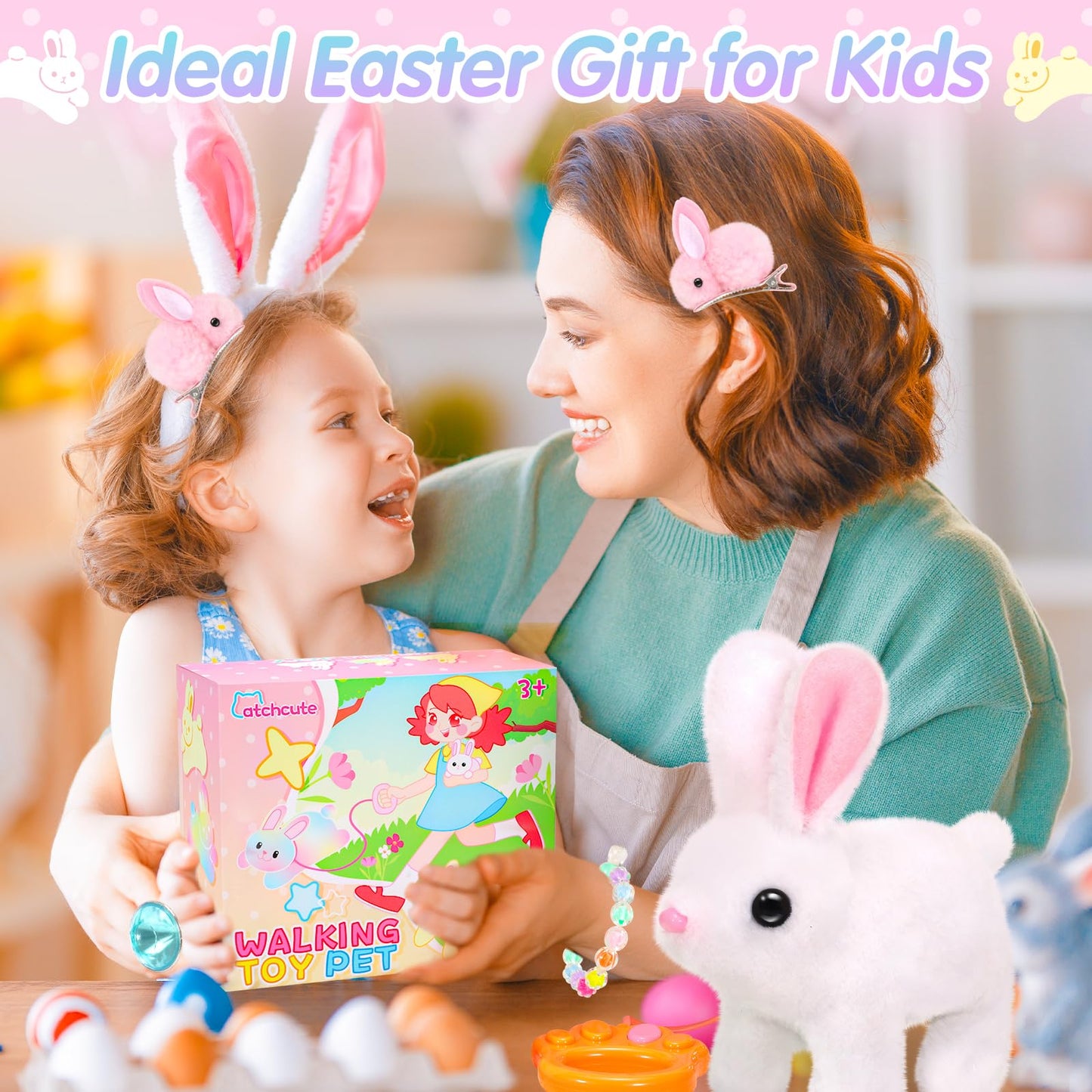 CatchCute Easter Hopping Plush Bunny Interactive Toys for Kids,Can Wagging Tail and Twitching Nose with Remote Control Leash,Easter Eggs and Decorations,Easter Christmas Birthday Gift for Toddlers
