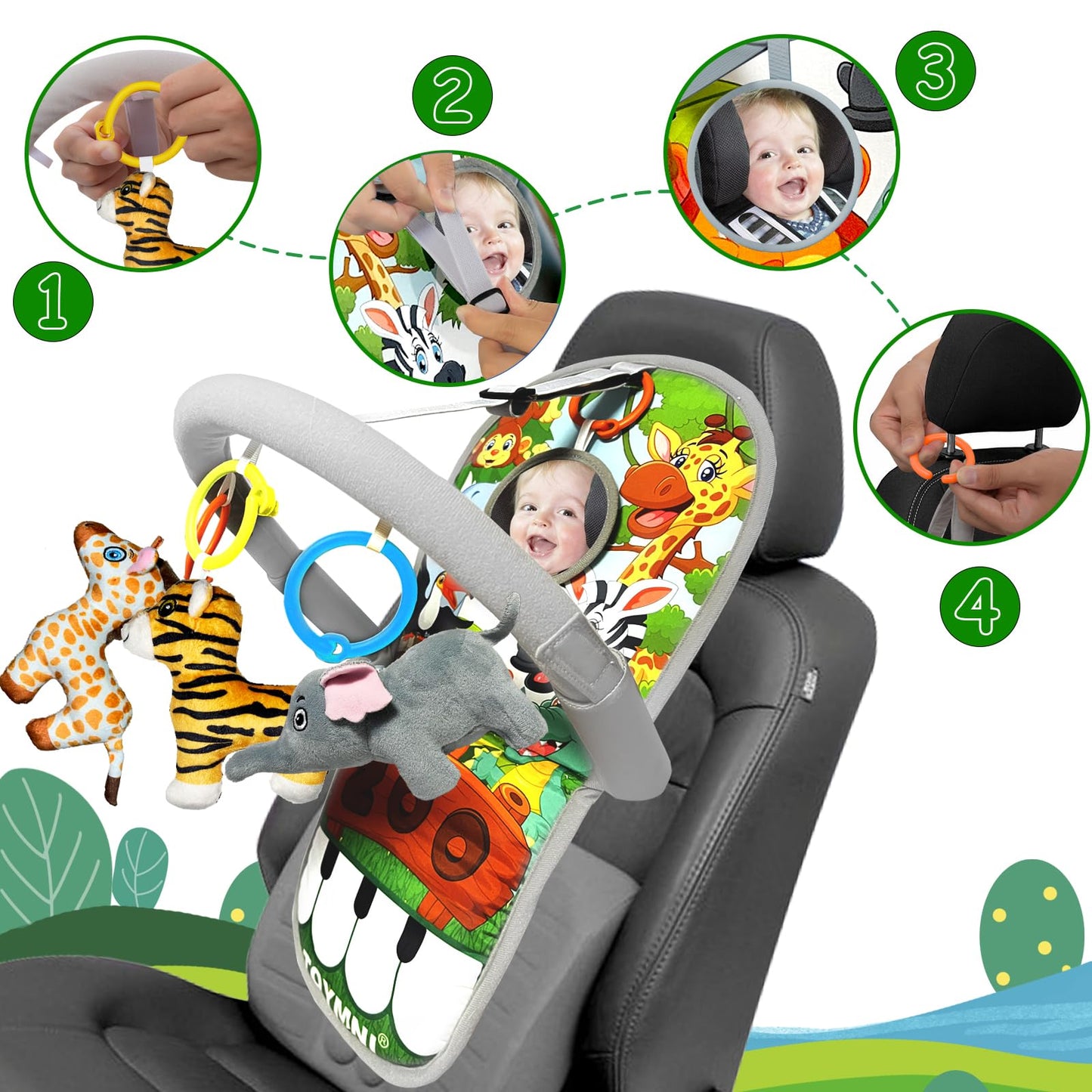 TOYMNI Car Seat Toys for 6-12 Months - Musical Pedal Piano with Baby Mirror, Squeaky Sensory Soft Animal Toys for Rear Facing Carseats