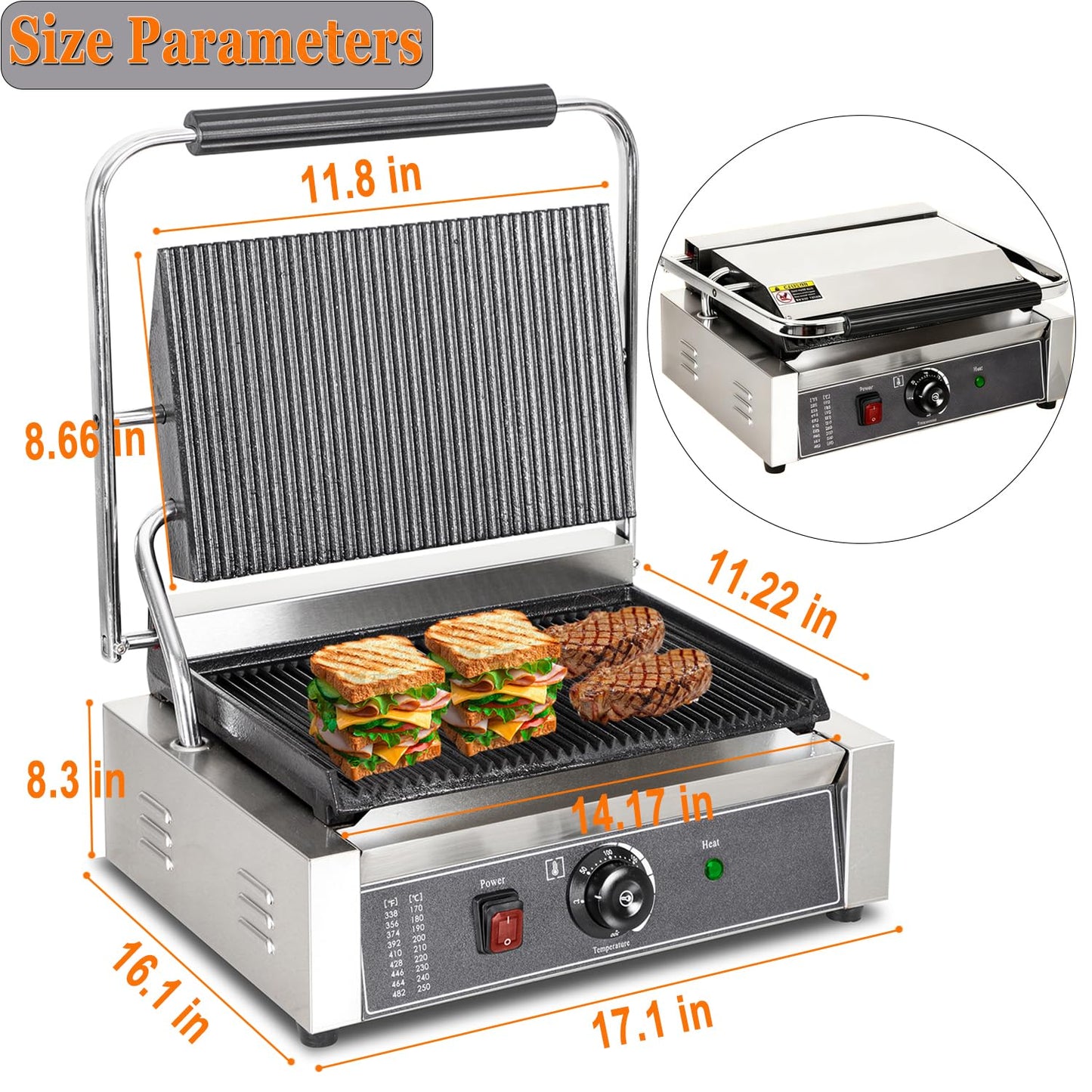 CTJ Commercial Panini Press Stainless Steel Electric Sandwich Maker - 2200W Countertop Panini Press Grill with Temp Control for Sandwich, Burger, Steak, Bacon, Grilled Cheese & Breakfast