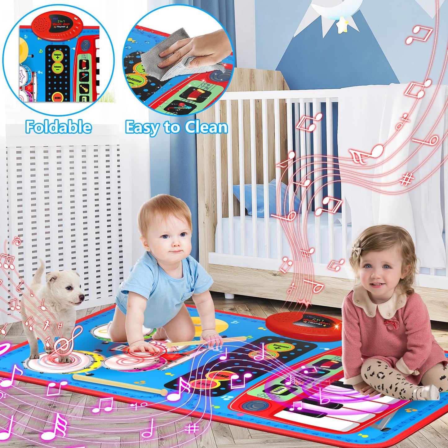 Oripira 2-in-1 Musical Mat Toys for 1 2 3 4 5 Year Old, Piano Keyboard & Drum Set with 2 Drum Sticks, Early Educational Musical Learning Toys Birthday for 1 2 3 4 5 Year Old Boys & Girls, Blue