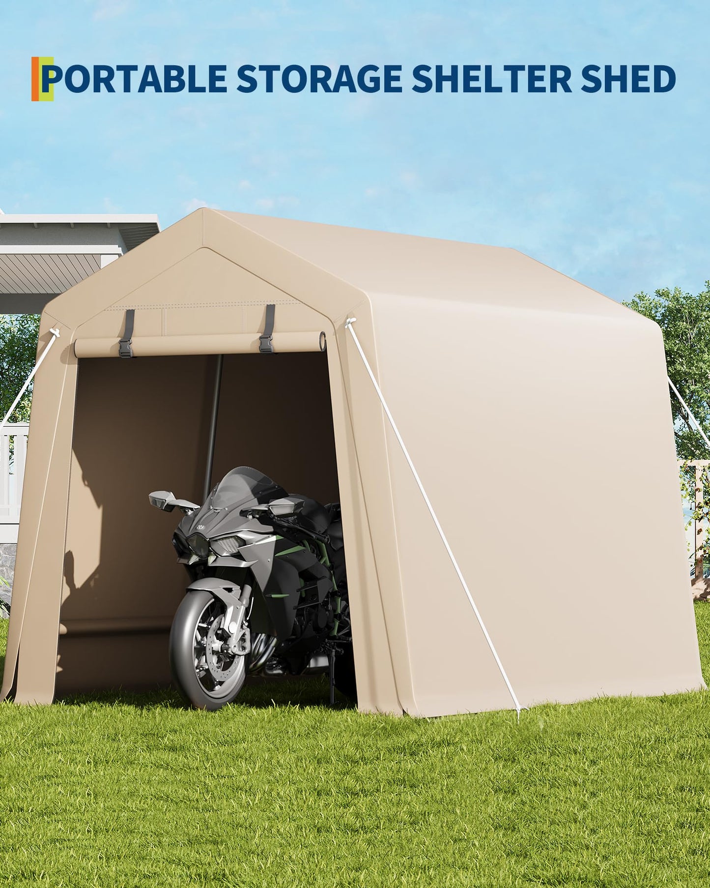 Heavy-Duty 7x10 ft Outdoor Storage Shed, All-Weather Portable Garage with 2 Roll-Up Zipper Doors, Waterproof & UV-Resistant Carport for Motorcycle, ATV, and Garden Tools