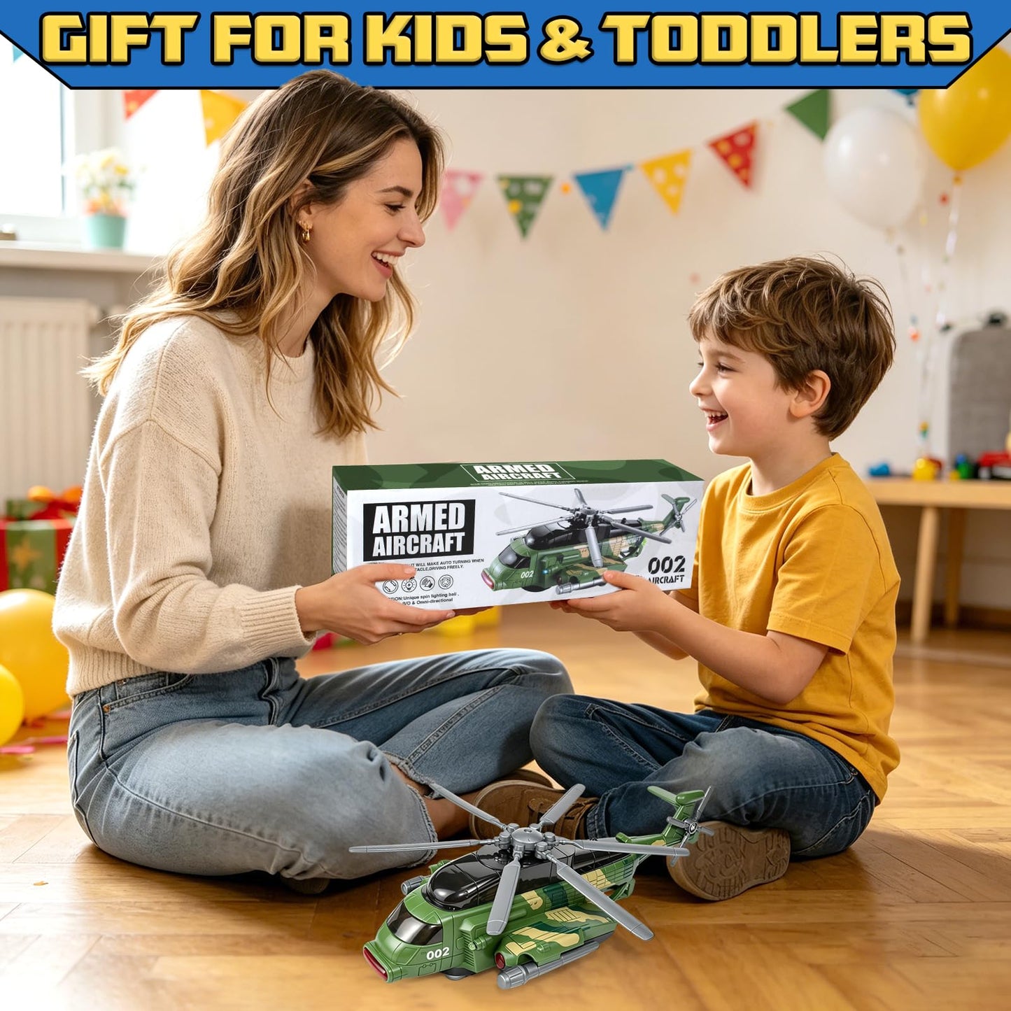 Bloolilies Helicopter Toy for Kids 3-5 6 7, Army Military Toy Helicopters with Lights and Music for Toddlers Birthday Gift, Bump and Go Airplane Toys for Boys Girls 3 4 5 6 7 Years Olds