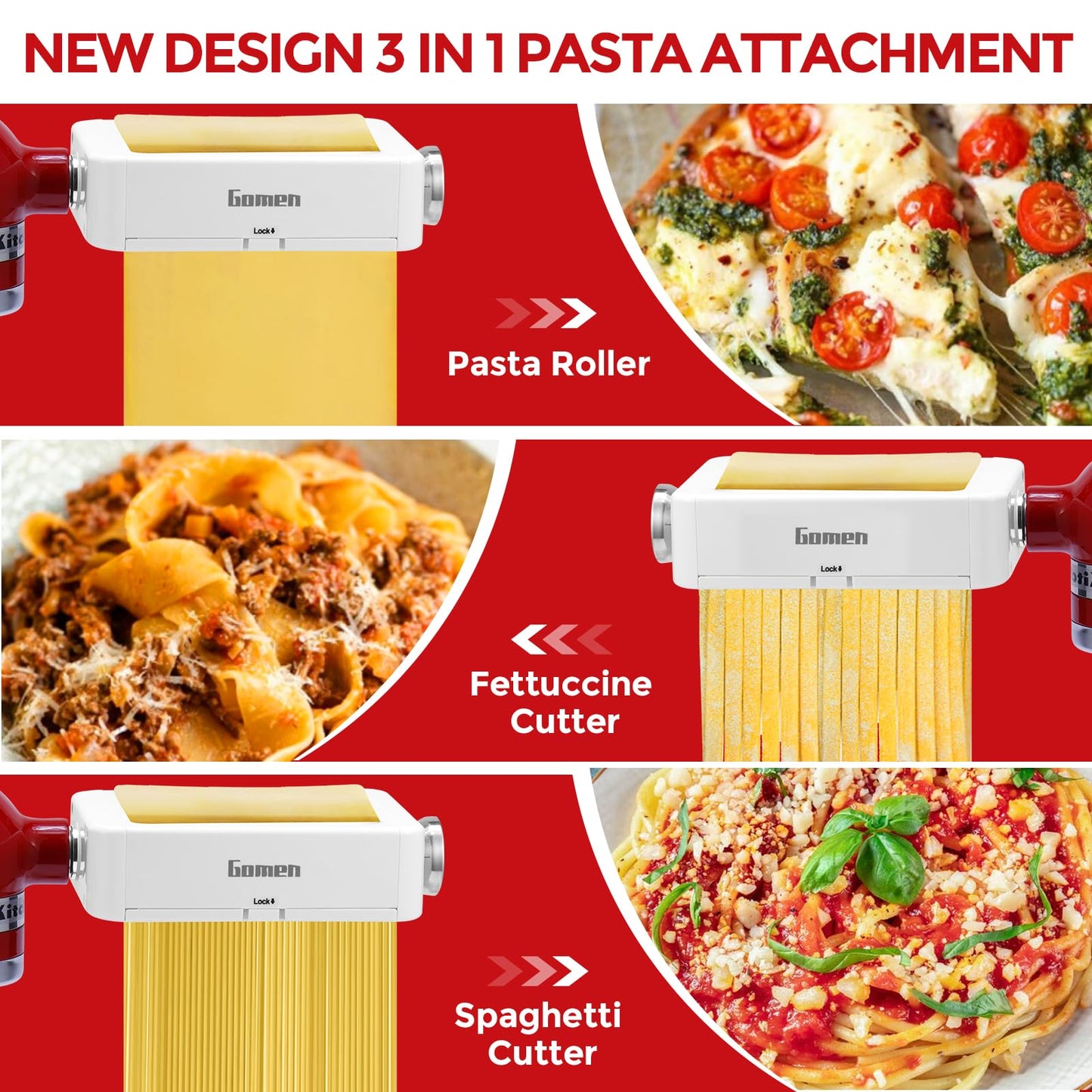 Pasta Maker Attachment for KitchenAid Stand Mixers 3-in-1 Stainless Steel Pasta Roller, Spaghetti/Fettuccine Cutter for KitchenAid Mixer Accessories & Pasta Press by Gomen