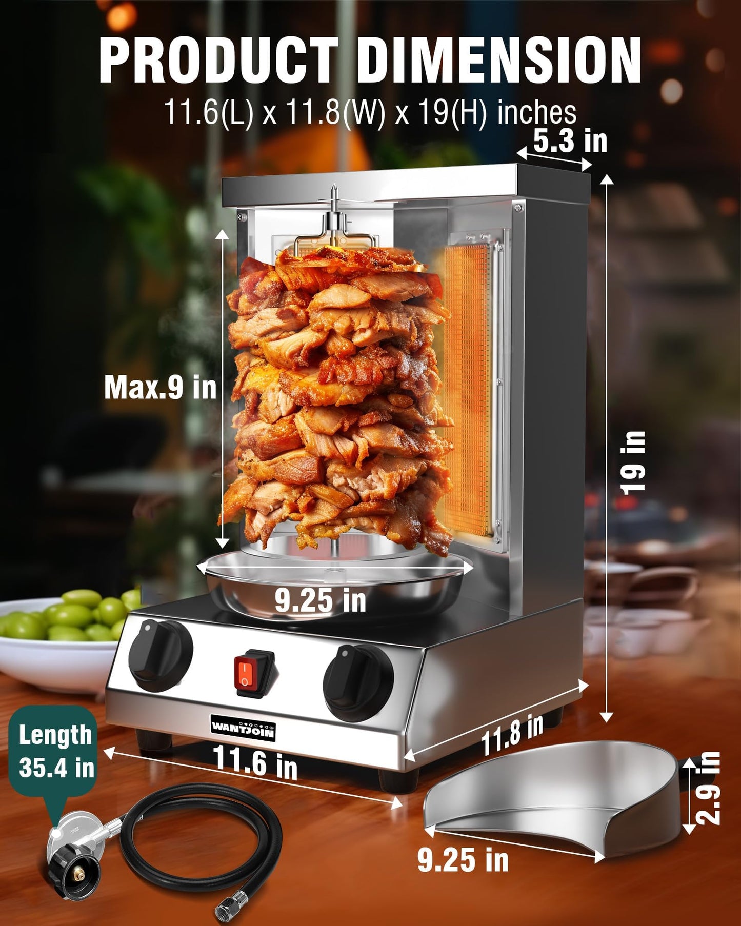 WantJoin Shawarma Grill Machine - Gas Vertical Rotisserie with 2 Burners for Home, Countertop Rotating Doner Kebab Oven Broiler Gyro Maker with Shovel, 11.6 x 11.8 x 19 inches, 110V