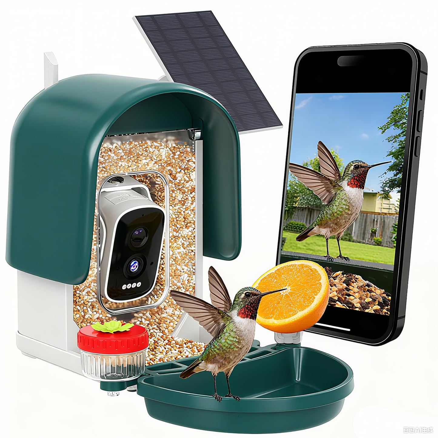 Smart Bird Feeder with Camera Solar Powered, AI Bird Identification for 10000+ Species, 4K HD Live Video & Instant Alerts, USB Charging, 2.4GHz WiFi Bird House, IPX7 Waterproof for Garden (Green)