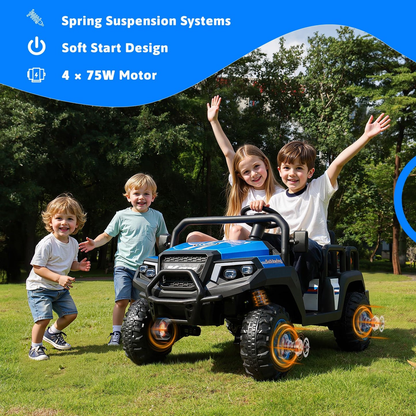 Electric Car for Kids, 24V 4 Seater Ride on Toys w/Parent Remote, 4 Wheeler Suspension, Max 220lbs Weight Capacity, USB, Music, Radio, LED Light, Ride on Truck for Boy/Girl Ages 3-8, Blue