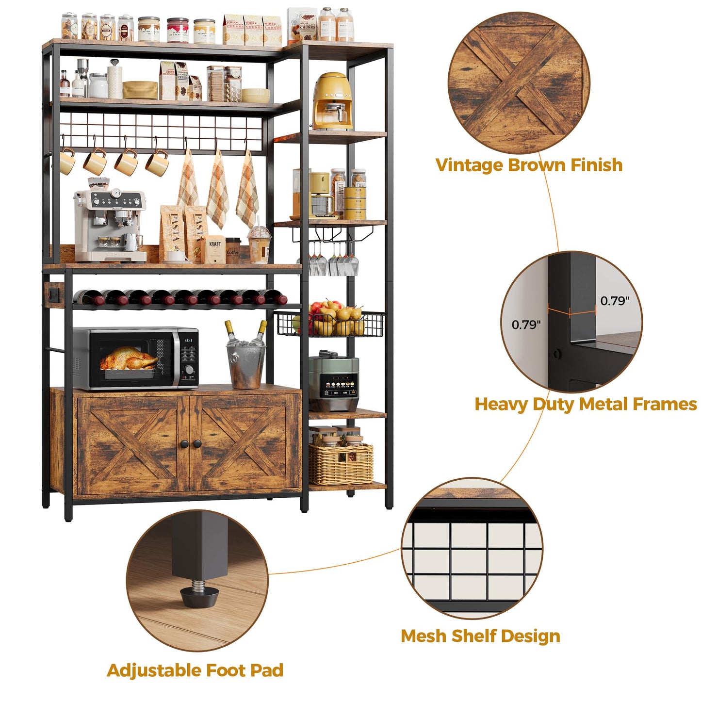 IRONCK Bakers Rack with Power Outlet, Kitchen Microwave Stand with Storage Cabinet, 47.24 Inch Coffee Bar Cabinet, Kitchen Racks with Shelves, LED Light, Globlet Holder and Wine Basket, Vintage Brown