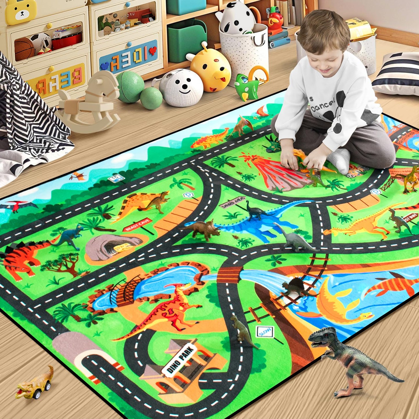 Diysani Kids Rug, Car Carpet for Kids' Toy Cars, 6x9 Ft Dinosaur Rug, Dino Safari Road Mat for Playroom, Educational Learning & Game Area Baby Play Mat Carpet for Children