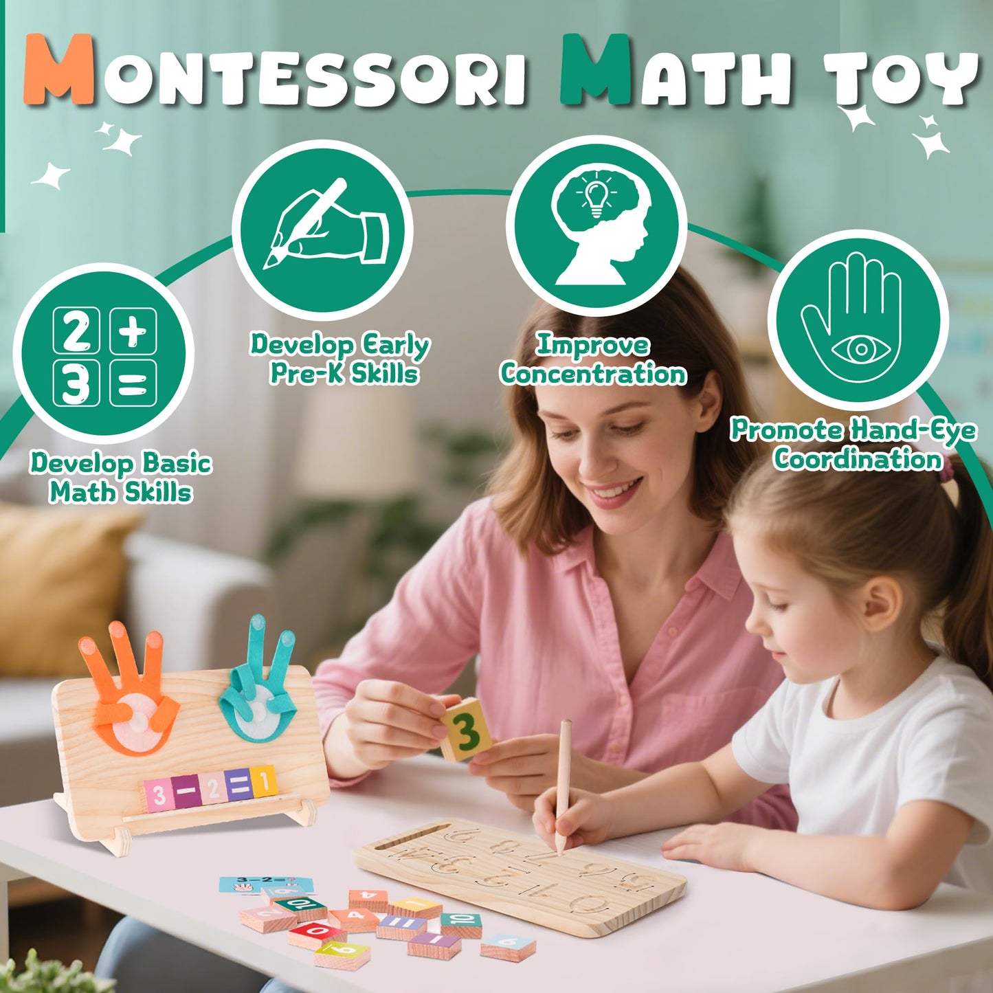 Hirger Preschool Learning Toys for Toddlers 2-4, Educational Math Manipulatives Number Counting Blocks for Kids, Montessori Toy for Boys Girls 3 4 5 6 Year Old Birthday Gifts