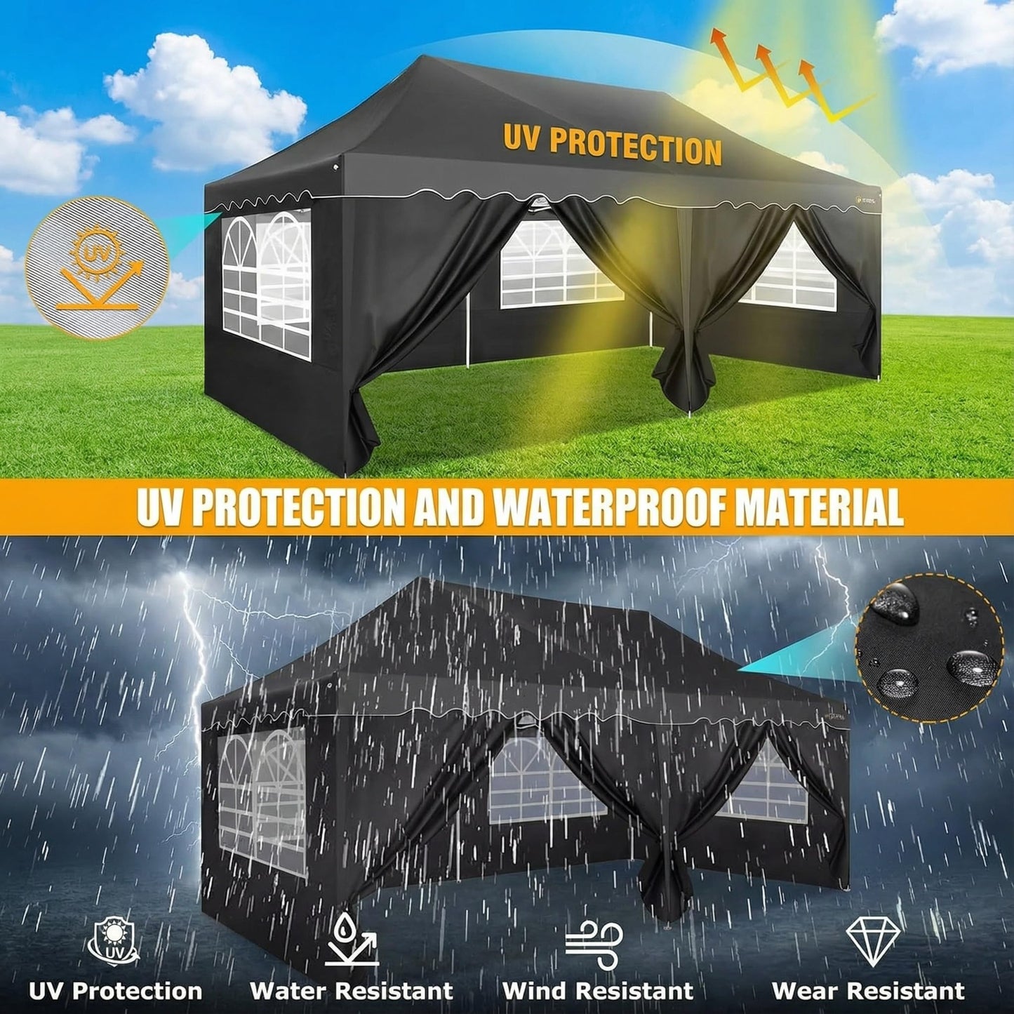 COBIZI Carport 10x20 Portable Garage, 2.0 Powder Coated Frame, Pop Up Canopy with 6 Sidewalls, Waterproof Shelter with Removable Sidewalls & Windows, Built-in Sandbags, for Car/Boat/SUV, Black