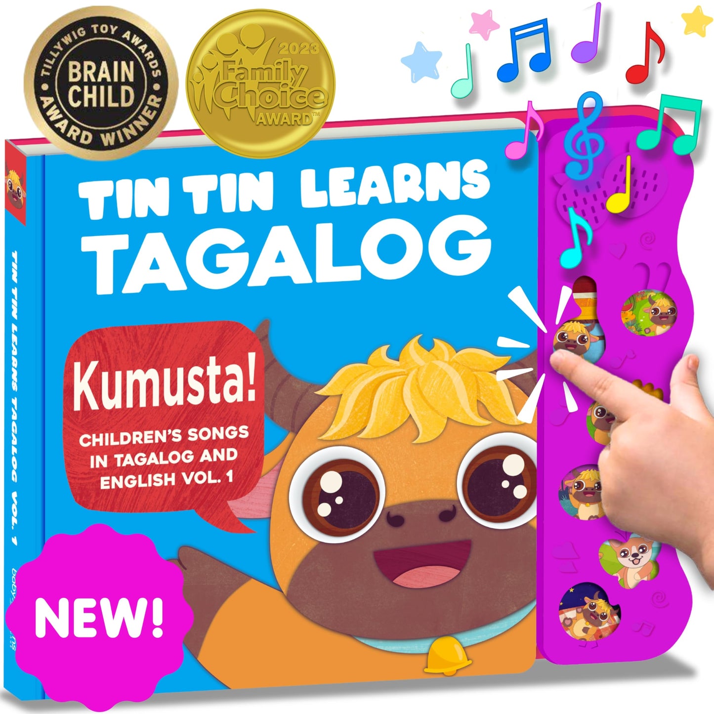 Tin Tin Learns Tagalog Vol. 1 — Interactive Sound Board Book for Toddlers 1-3, Bilingual English & Filipino Songs & Nursery Rhymes, Talking Musical Book, Musical Toy Gift for Babies & Kids